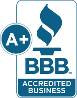 BBB Accredited Business seal with an A+ rating and blue flame logo.