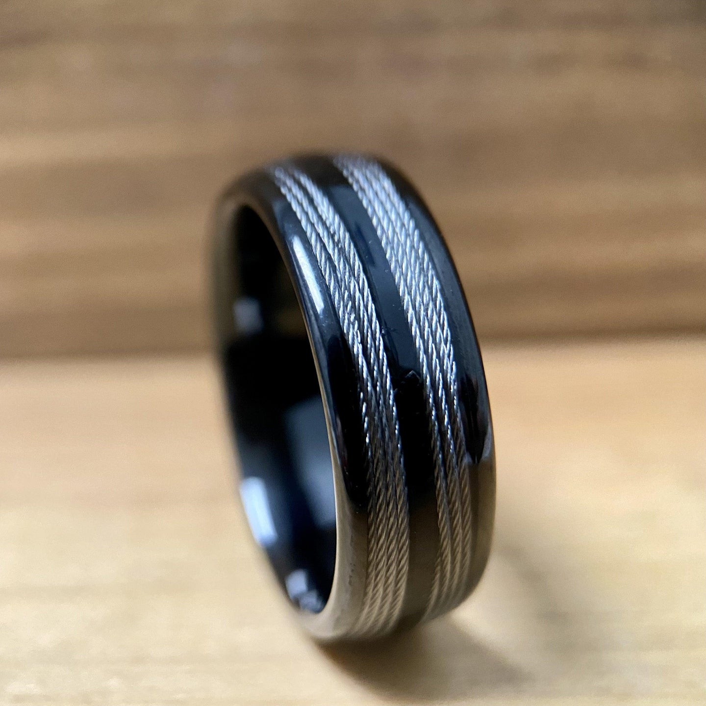 BW James Jewelers ALT Wedding Band 7.5 “The Angler” Black Tungsten Ring With Deep Sea Fishing Line