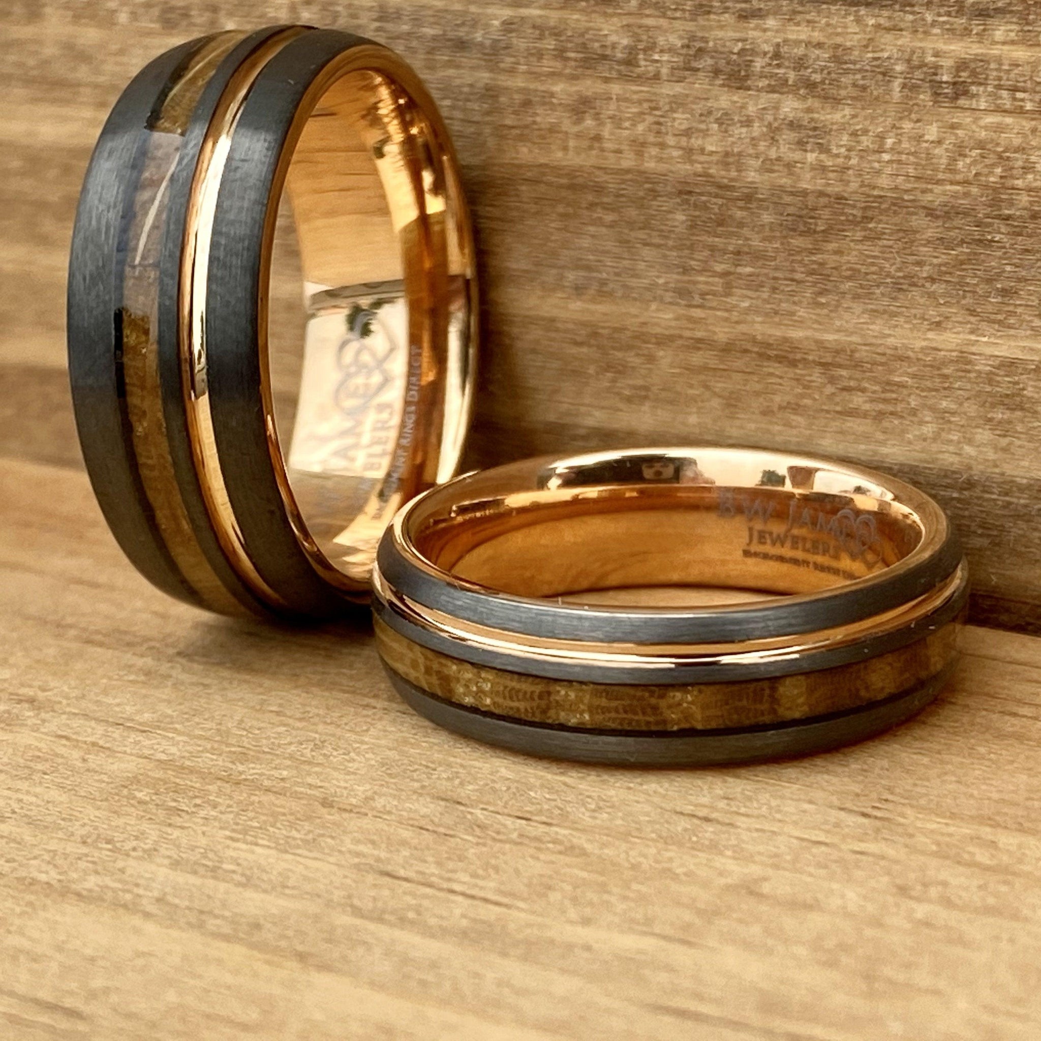 BW James Jewelers ALT Wedding Band Matching Set "Copper Gentleman" “Lady Rose” Tungsten Ring With Reclaimed Whiskey Barrel Wood And Rose Gold Color