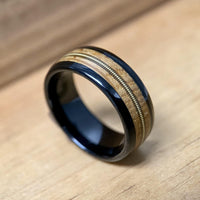 BW James Jewelers ALT Wedding Band “The Bluegrass Guitar Player”  Kentucky Bourbon Whiskey Barrel Black Ceramic Ring With Guitar String