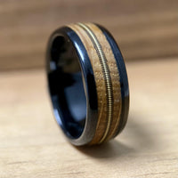 BW James Jewelers ALT Wedding Band “The Bluegrass Guitar Player”  Kentucky Bourbon Whiskey Barrel Black Ceramic Ring With Guitar String