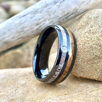 BW James Jewelers ALT Wedding Band "The Daniel Boone" Kentucky Straight Bourbon Whiskey Barrel Black Ceramic Ring With Antler