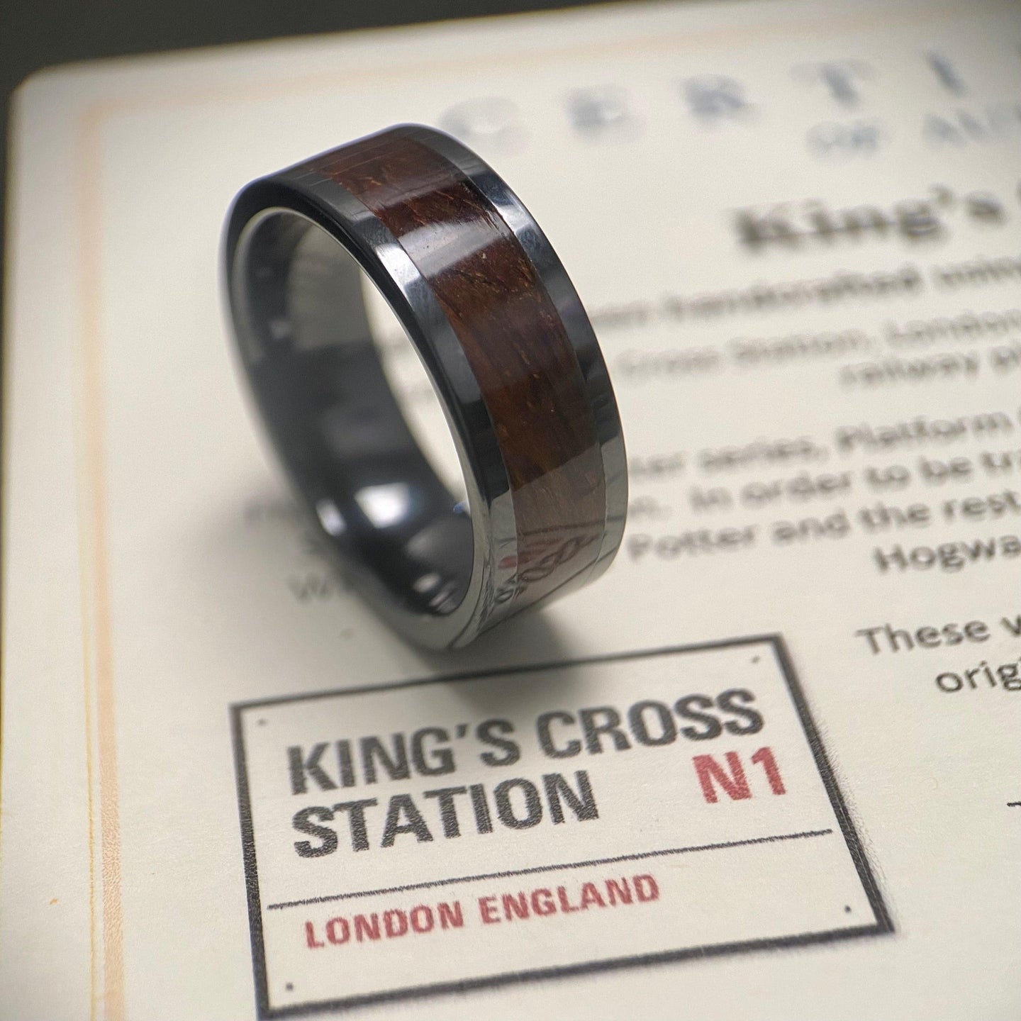 BW James Jewelers ALT Wedding Band “The H Potter” 100% USA Made Black Ceramic Ring With Wood From King's Cross Station