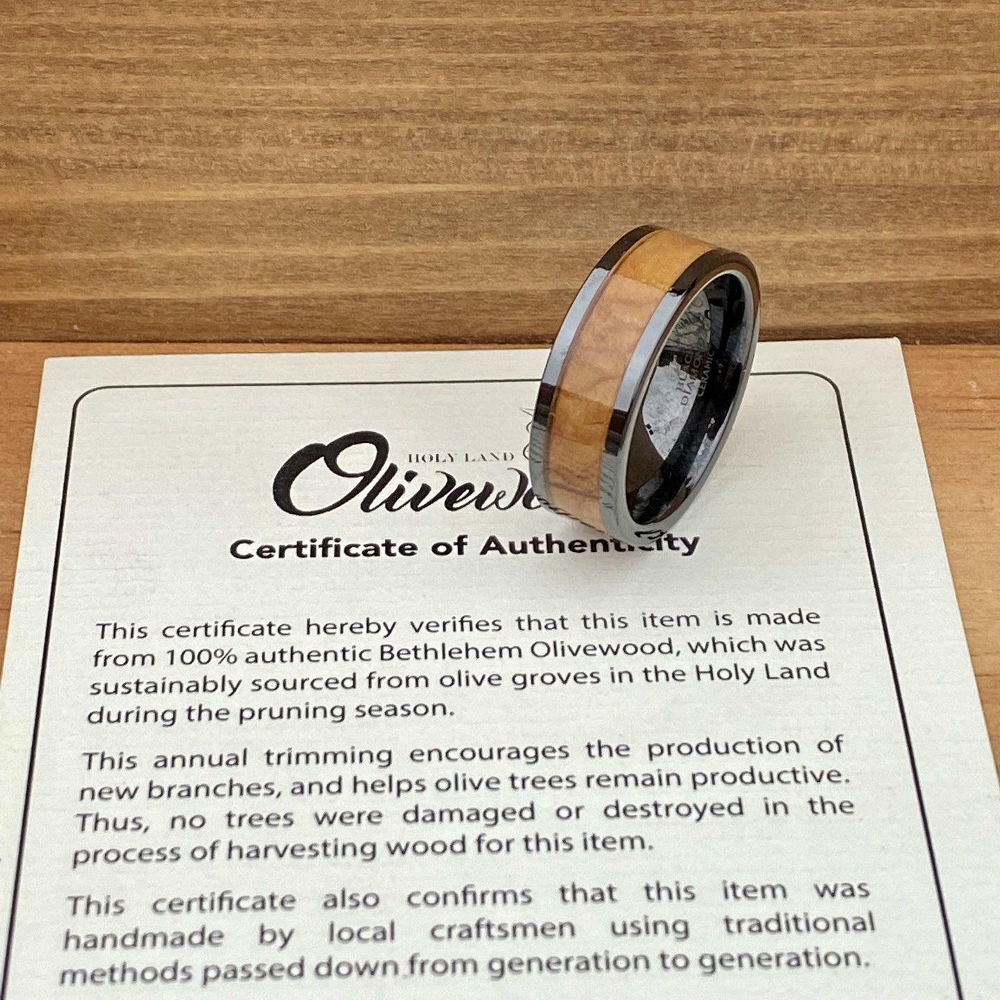 BW James Jewelers ALT Wedding Band “The Holy Land” 100% USA Made Black Ceramic Ring With Olive Wood From Israel