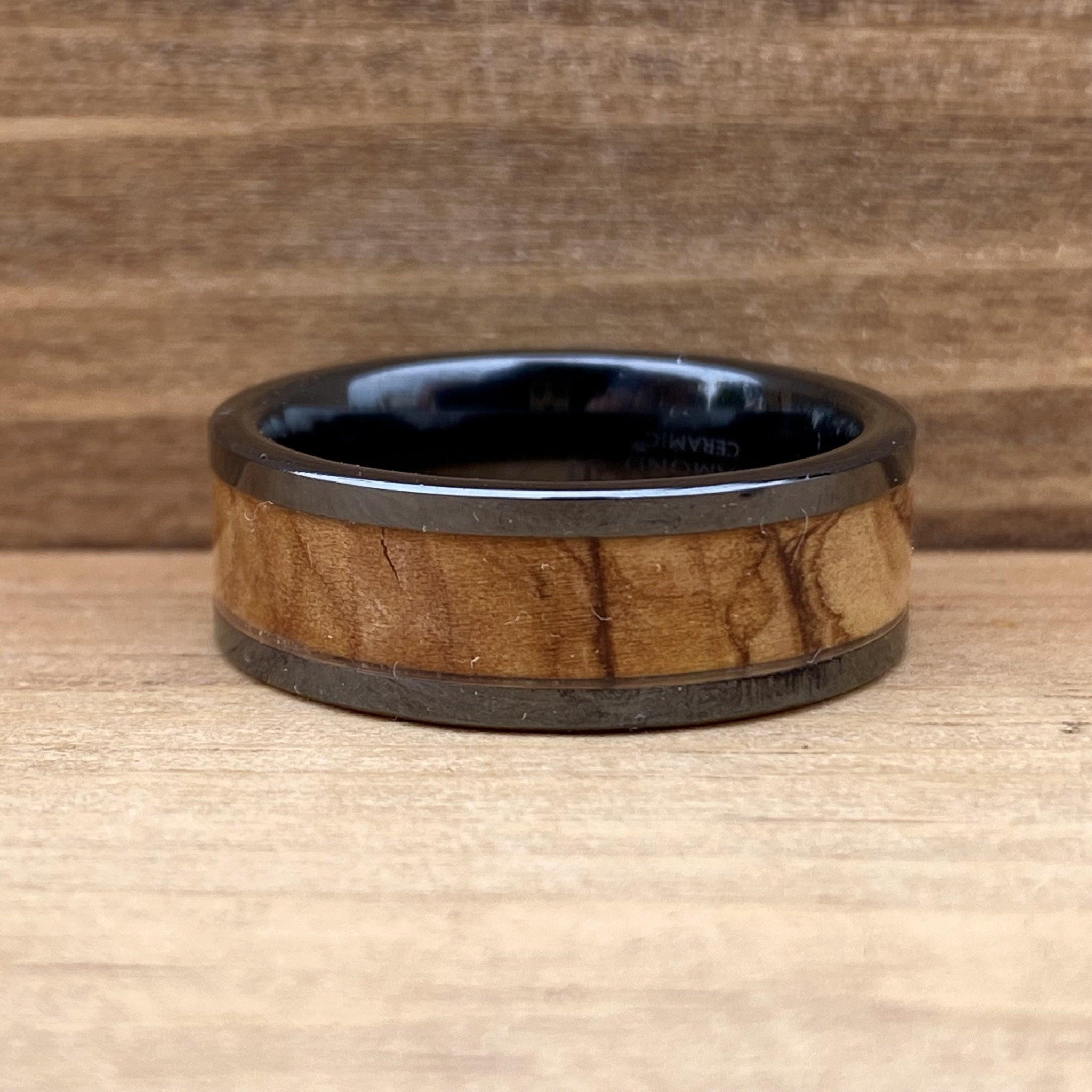 BW James Jewelers ALT Wedding Band “The Holy Land” 100% USA Made Black Ceramic Ring With Olive Wood From Israel