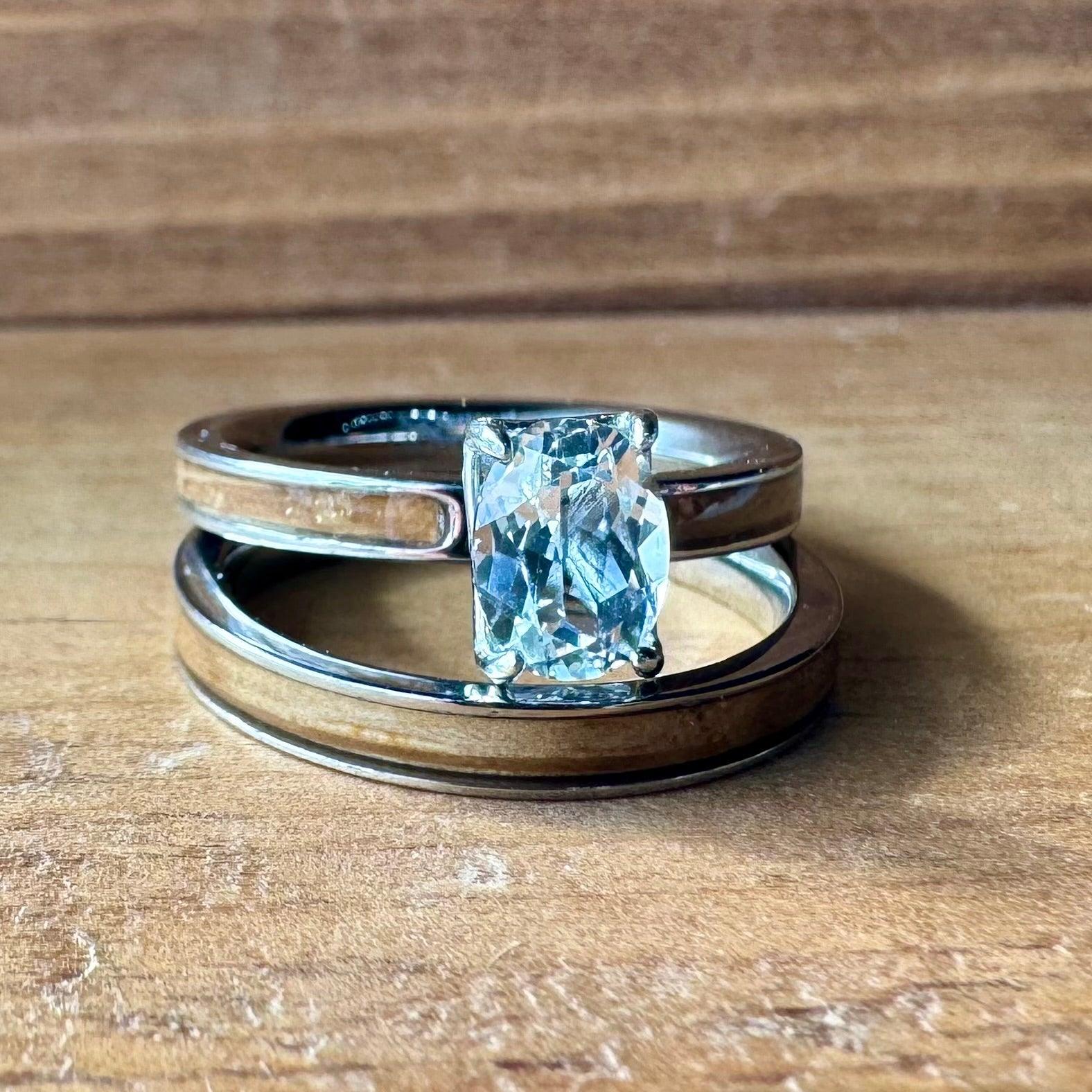 BW James Jewelers ALT Wedding Band “The Lady Bourbon Bridal Set” Reclaimed Bourbon Barrel Ring™ In Brilliant White Titanium With Oval Cut GenuineWhite Topaz