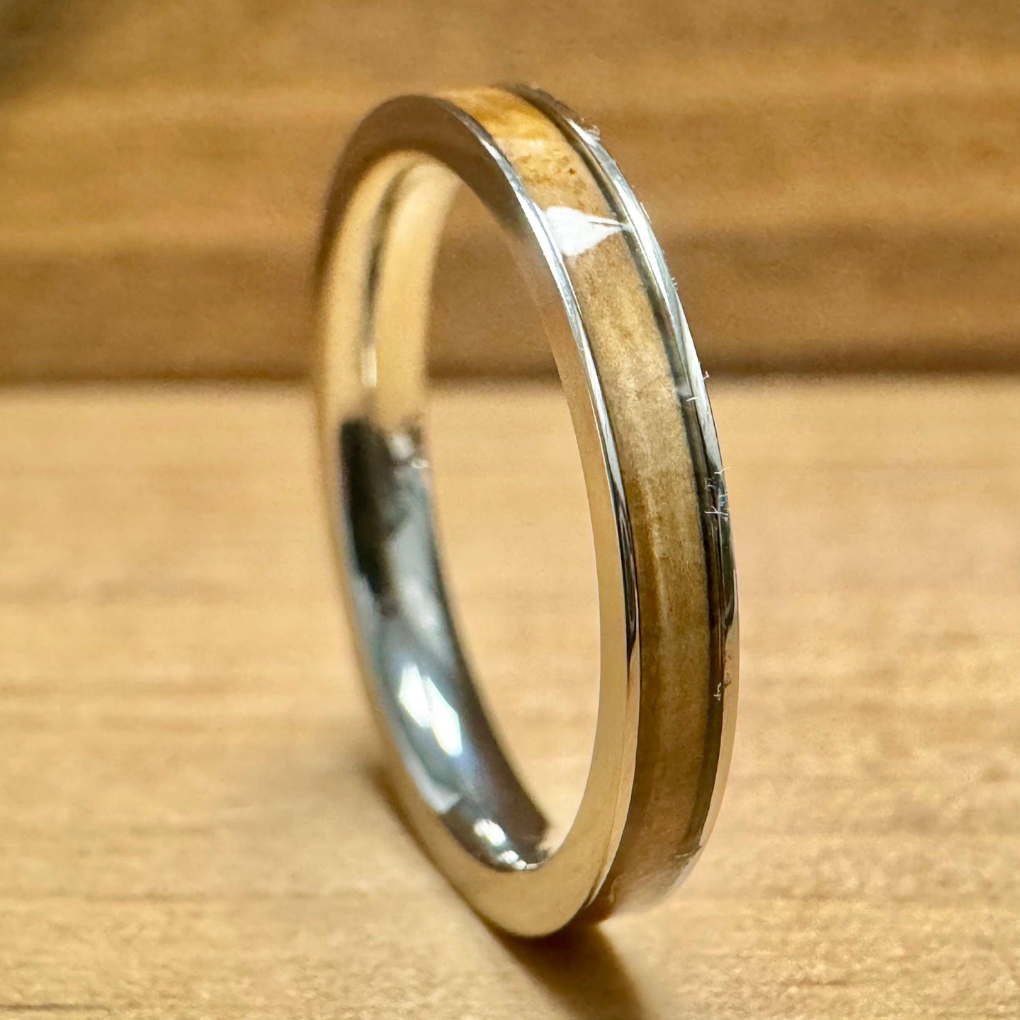 BW James Jewelers ALT Wedding Band “The Lady Bourbon Stack” Reclaimed Bourbon Barrel Ring™ In Brilliant White Titanium