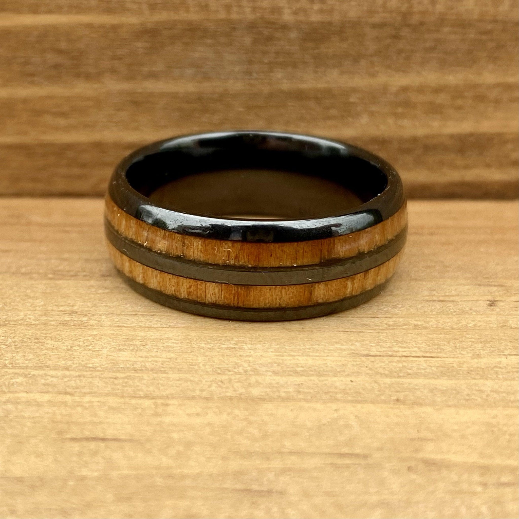 BW James Jewelers ALT Wedding Band “The Motorist” 100% USA Made Black Ceramic Ring With Wood from A Model T Wheel Spoke