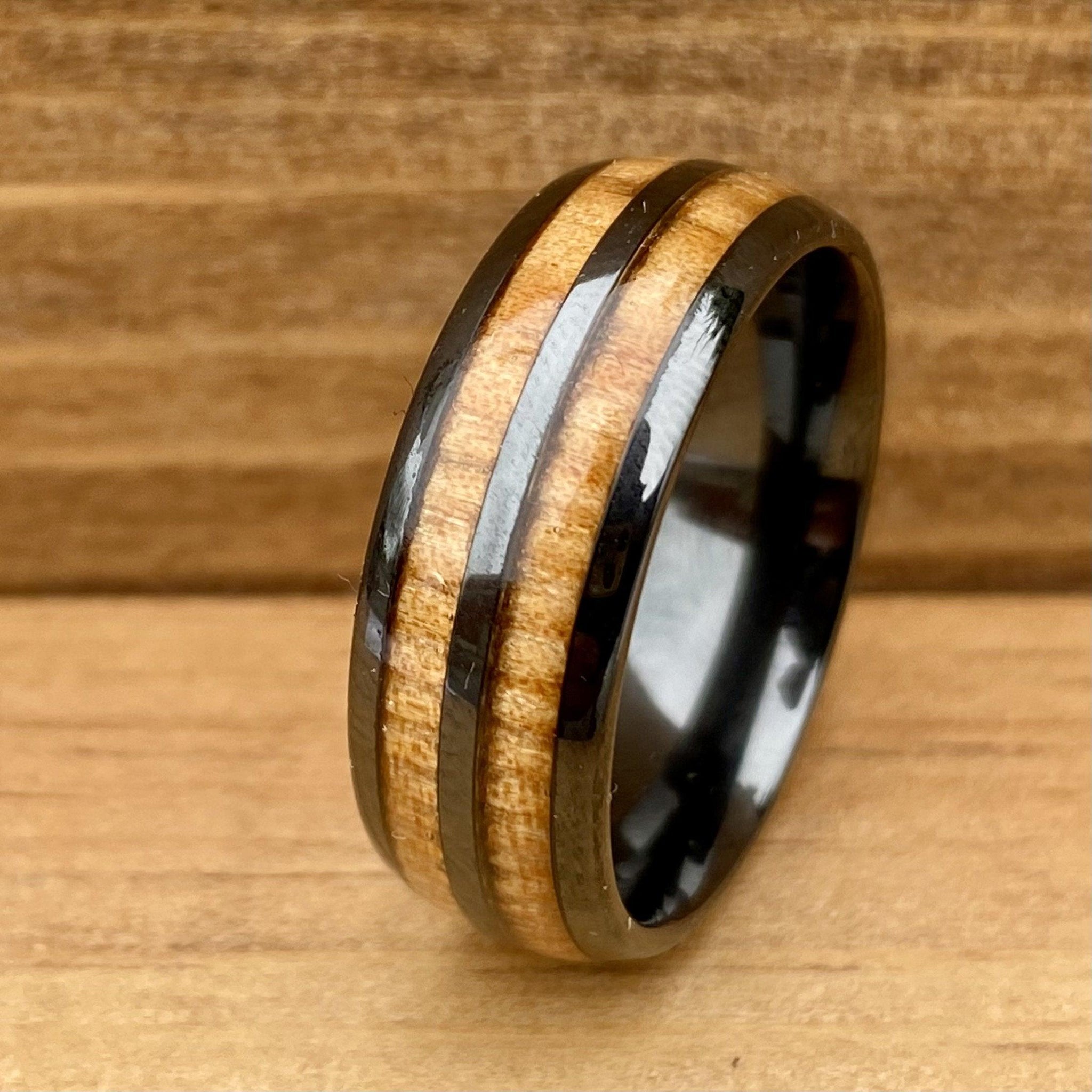 BW James Jewelers ALT Wedding Band “The Motorist” 100% USA Made Black Ceramic Ring With Wood from A Model T Wheel Spoke