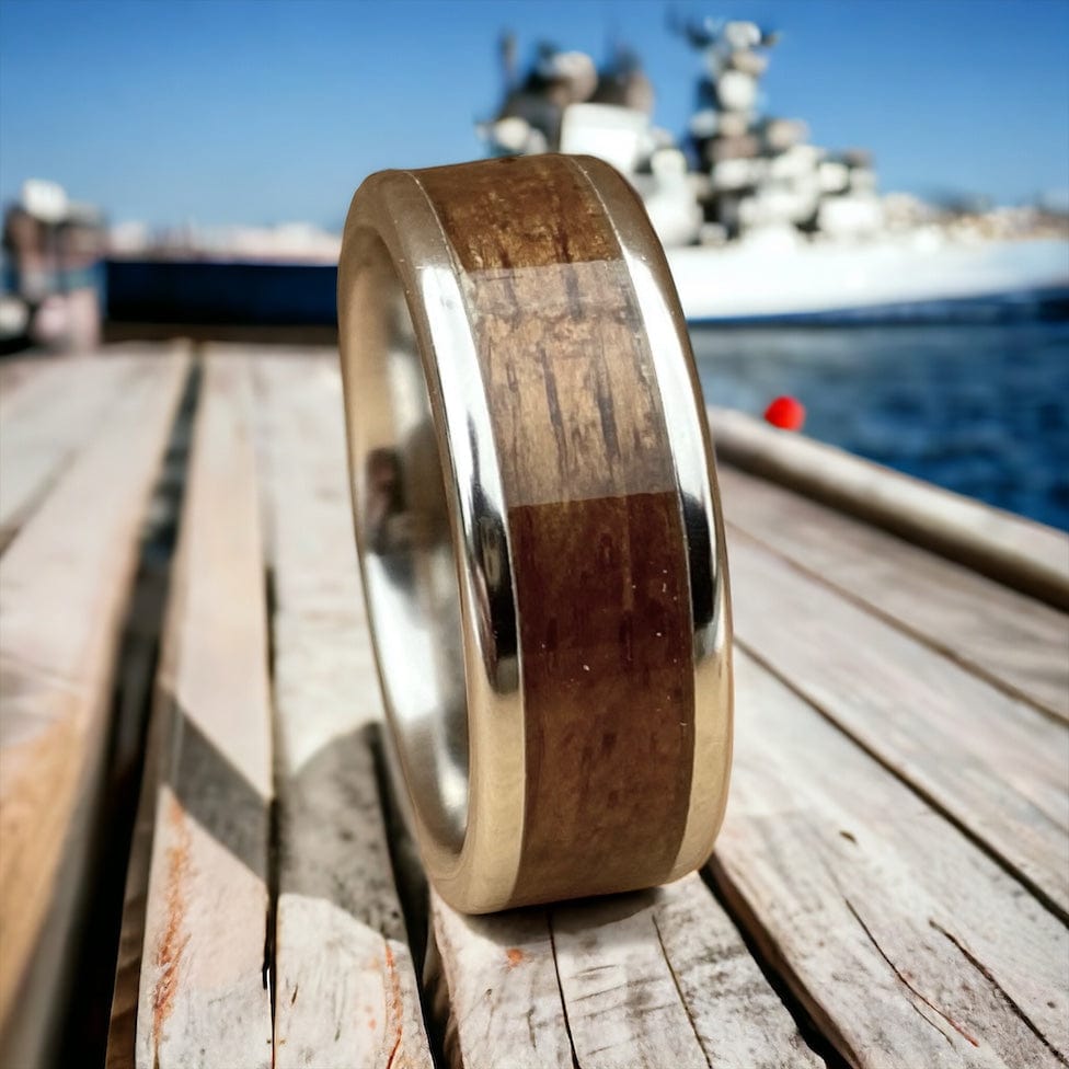 BW James Jewelers ALT Wedding Band “The Pearl Harbor” 100% USA Made Serinium® Metal With Wood From The USS California
