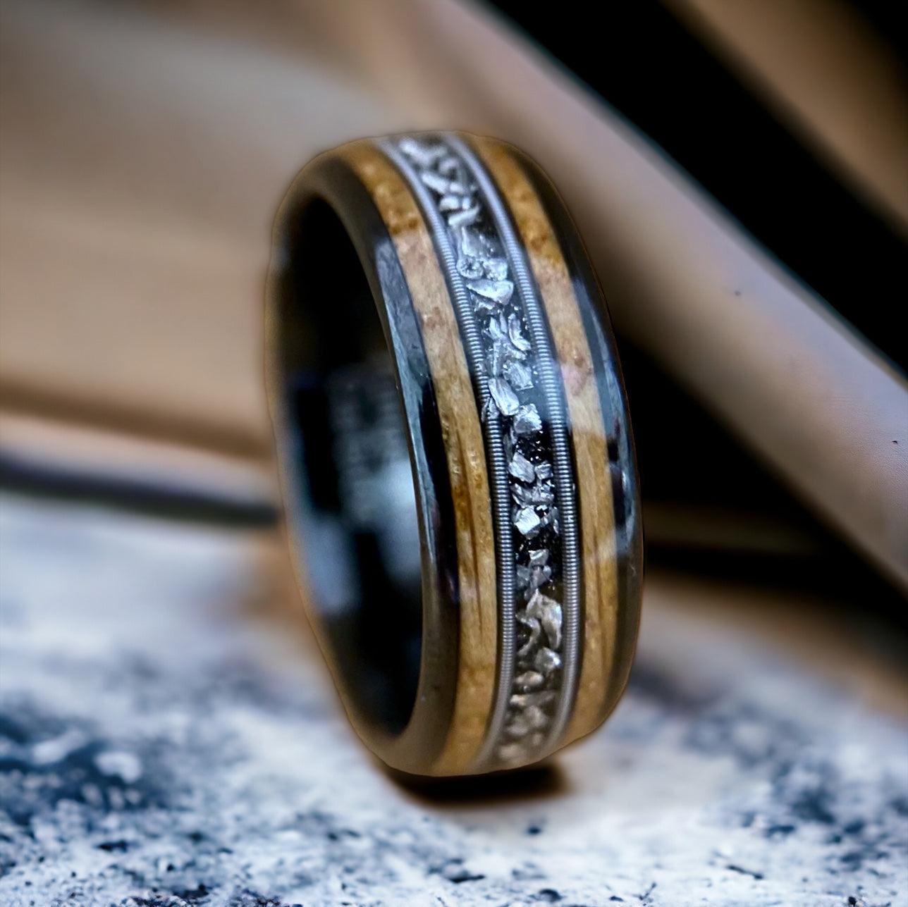 BW James Jewelers ALT Wedding Band “The Space Cowboy”  ✓Kentucky Bourbon Barrel™✓Black Ceramic ✓Guitar String ✓Meteorite