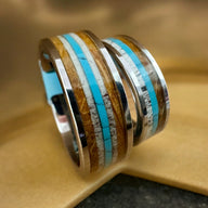 BW James Jewelers ALT Wedding Band “The Westerner Matching Set” Tungsten Ring With Reclaimed Bourbon Barrel, Antler and Turquoise