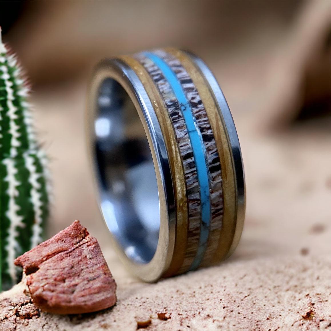 “The Westerner” Tungsten Ring with Reclaimed Bourbon Barrel, Antler and Turquoise 8.5 - BW James Jewelers