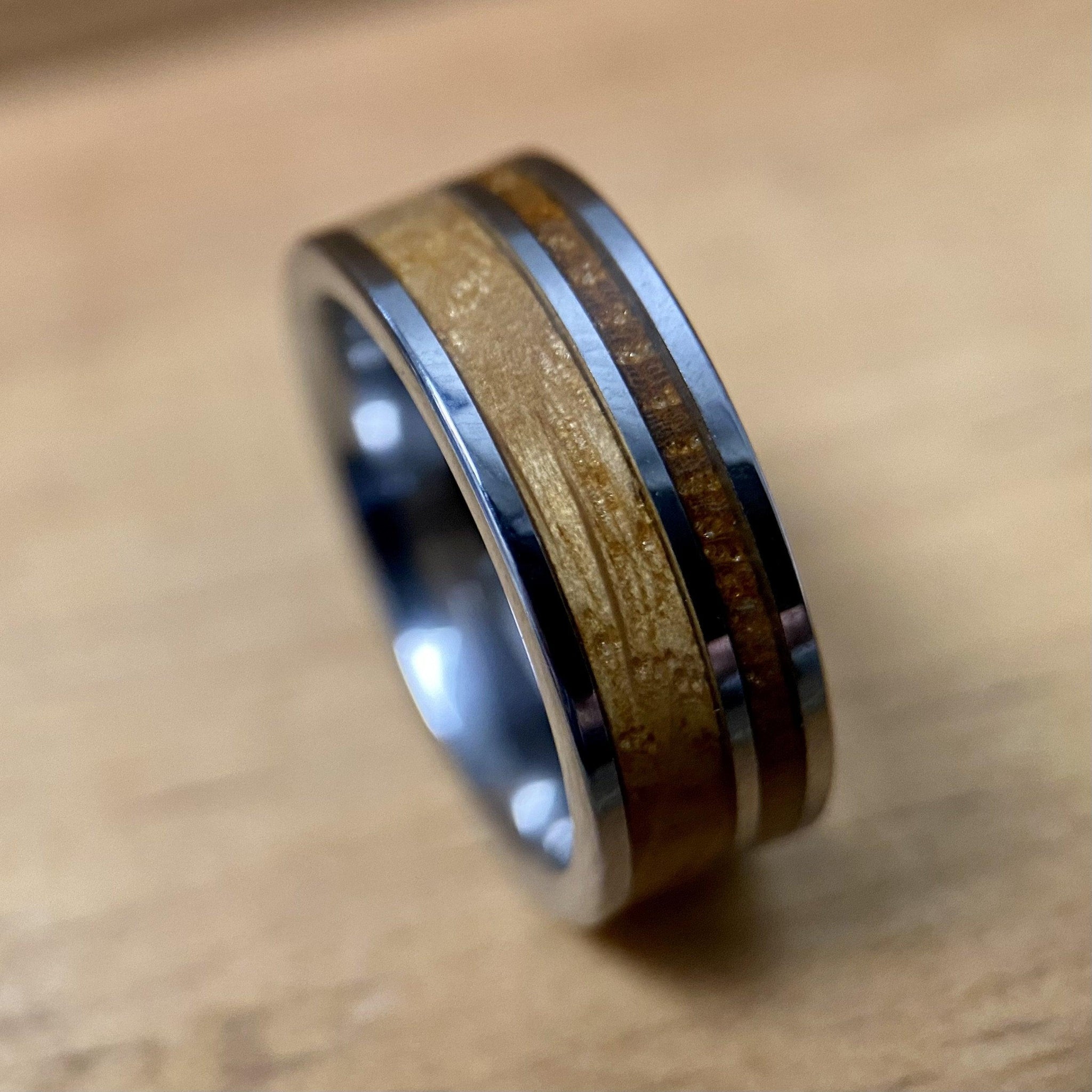 BW James Jewelers ALT Wedding Band “The Whiskey Lover” Tungsten Ring With Reclaimed Bourbon Whiskey Barrel Wood