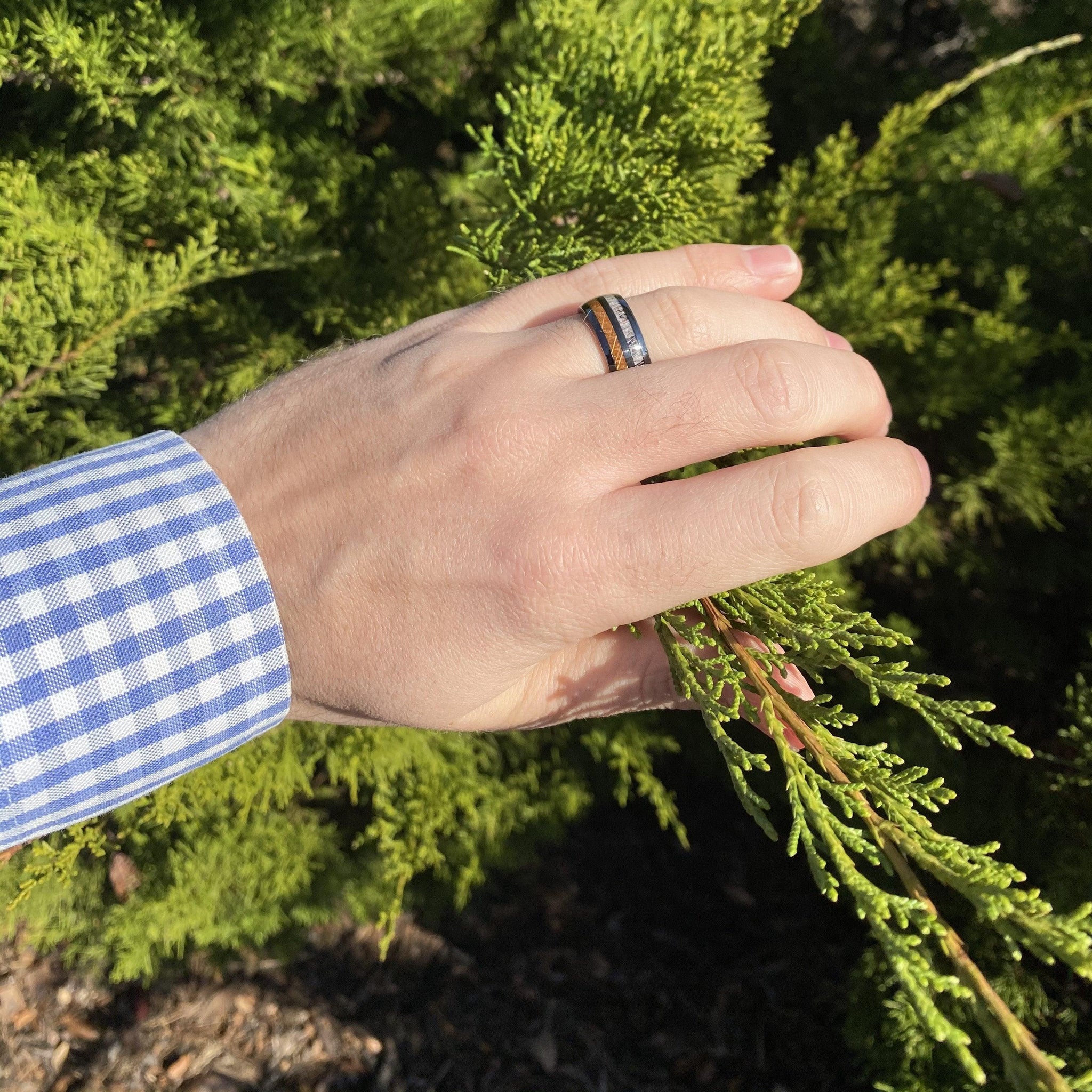"The Daniel Boone " 8mm Kentucky Straight Bourbon Whiskey Barrel With Deer Antler Inlay Ring Set In Solid Black Ceramic ALT Wedding Band BW James Jewelers