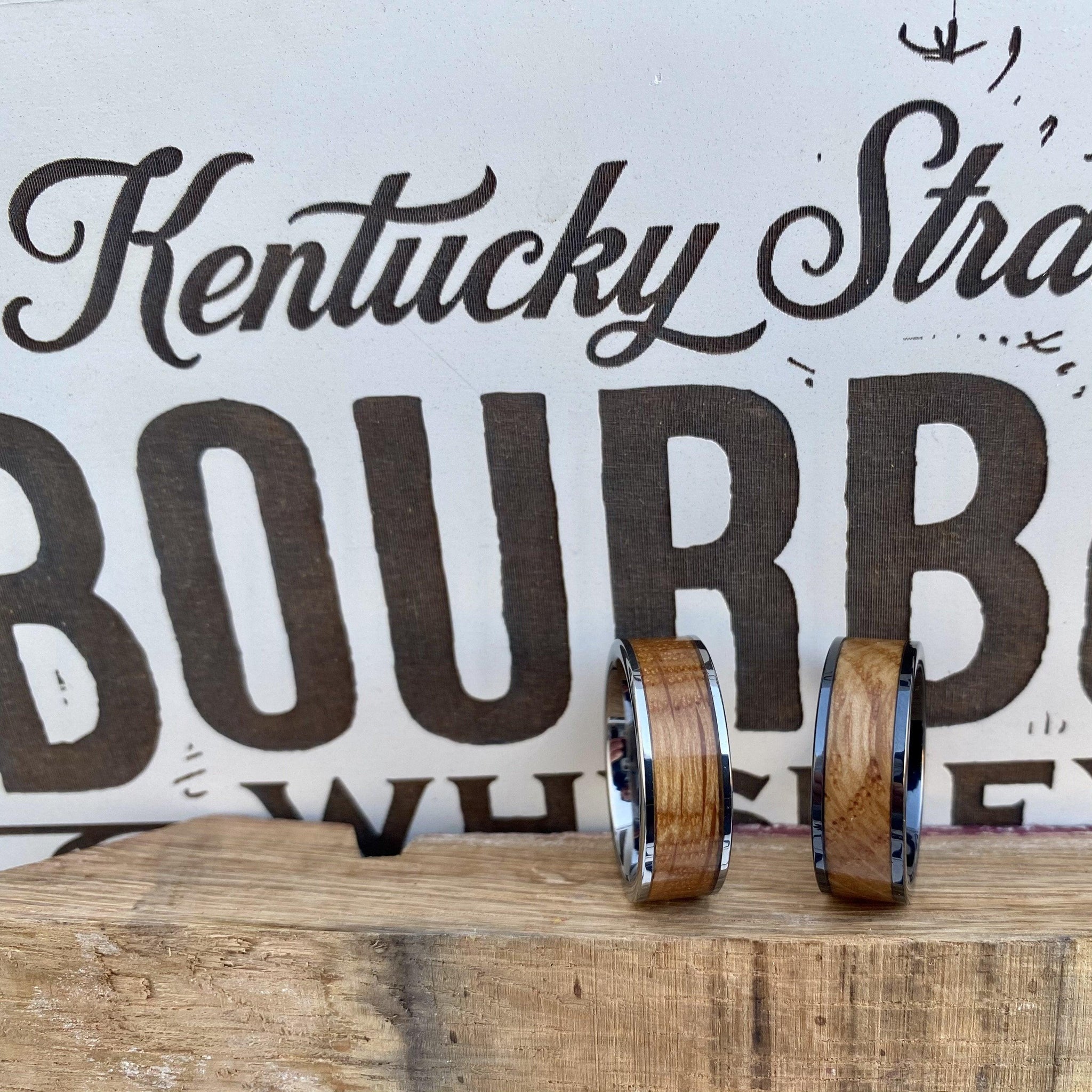 "The Kentuckian " 8mm Kentucky Straight Bourbon Whiskey Barrel Inlay Ring Set In Solid Durable Tungsten ALT Wedding Band BW James Jewelers