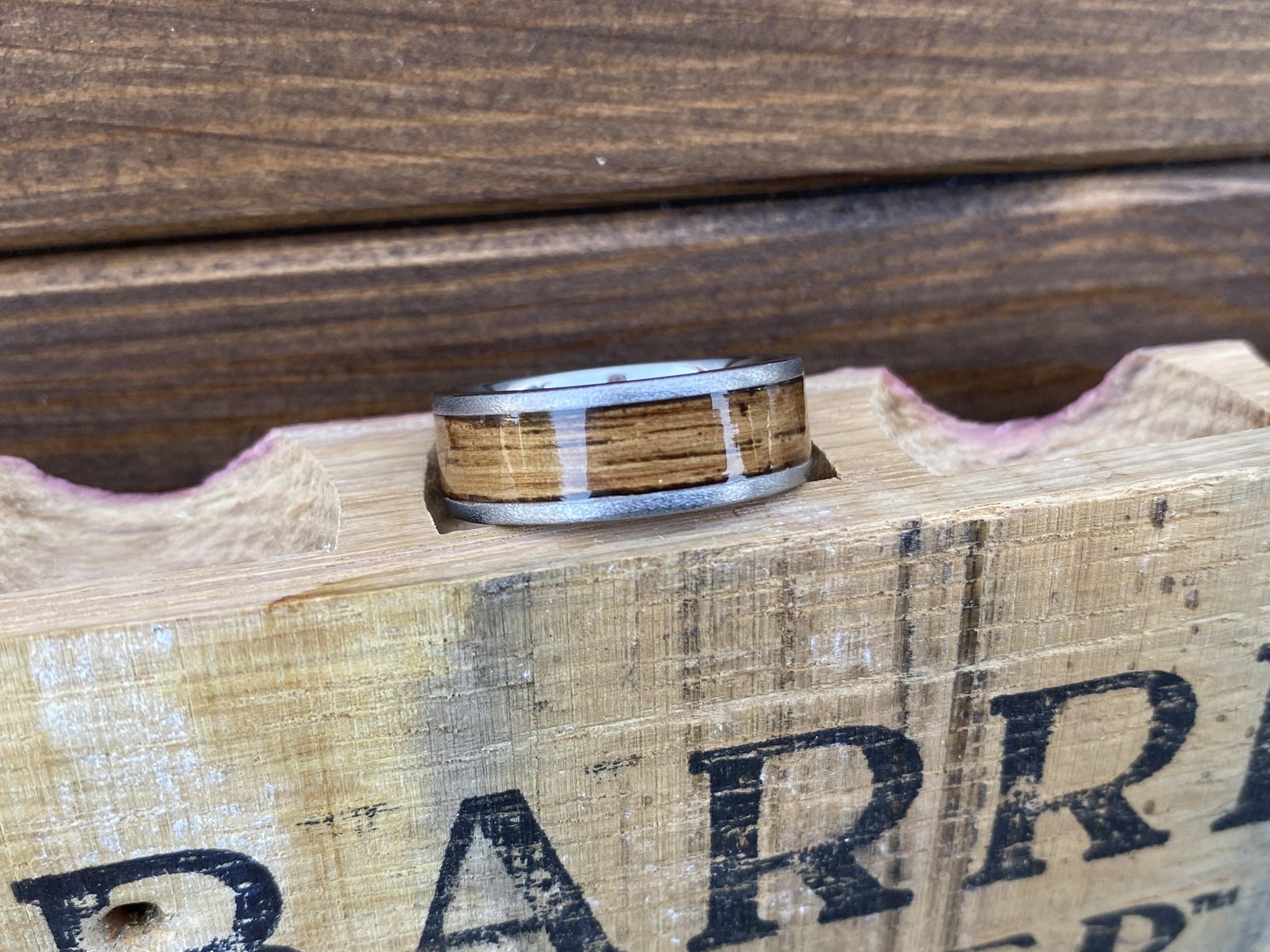 100% USA Made 8mm Rugged Tungsten Flat Band with Bourbon Barrel Aged Inlay and Stone Finish Barrel Aged