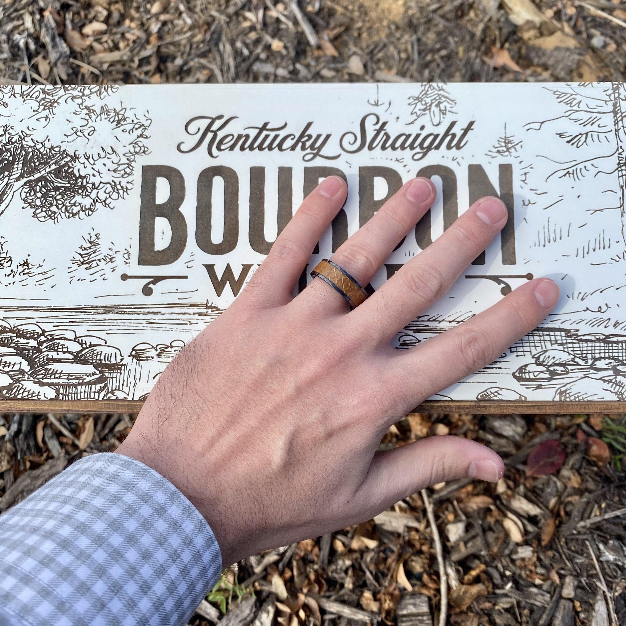 "The Lexington" 8mm Kentucky Straight Bourbon Barrel Inlay Ring Set In Solid Black Ceramic ALT Wedding Band BW James Jewelers