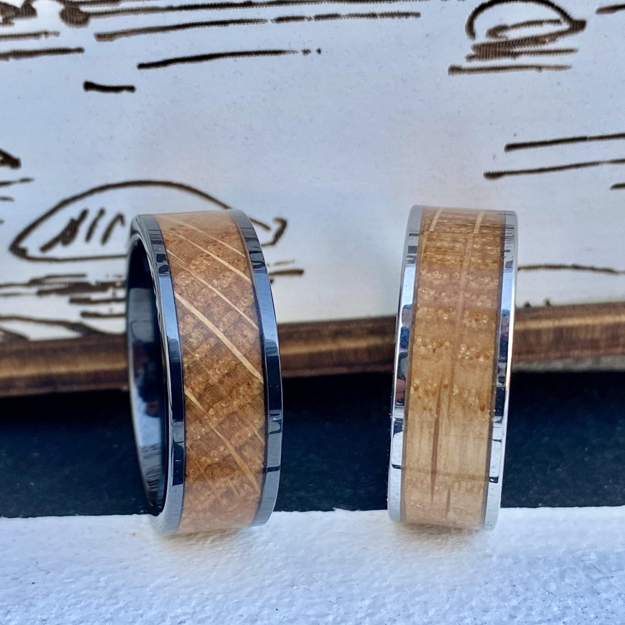 "The Kentuckian " 8mm Kentucky Straight Bourbon Whiskey Barrel Inlay Ring Set In Solid Durable Tungsten ALT Wedding Band BW James Jewelers