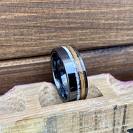 100% USA Made 8mm Black Diamond Ceramic Pipe Cut Band with Off-Center Whiskey Barrel Inlay and Turquoise Or Antler Inlay Barrel Aged