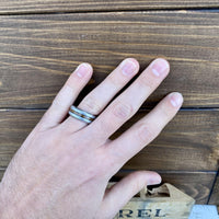 100% USA Made 8mm Rugged Tungsten Beveled Edge Band with Bourbon Barrel Aged Inlay and Grain Finish Barrel Aged
