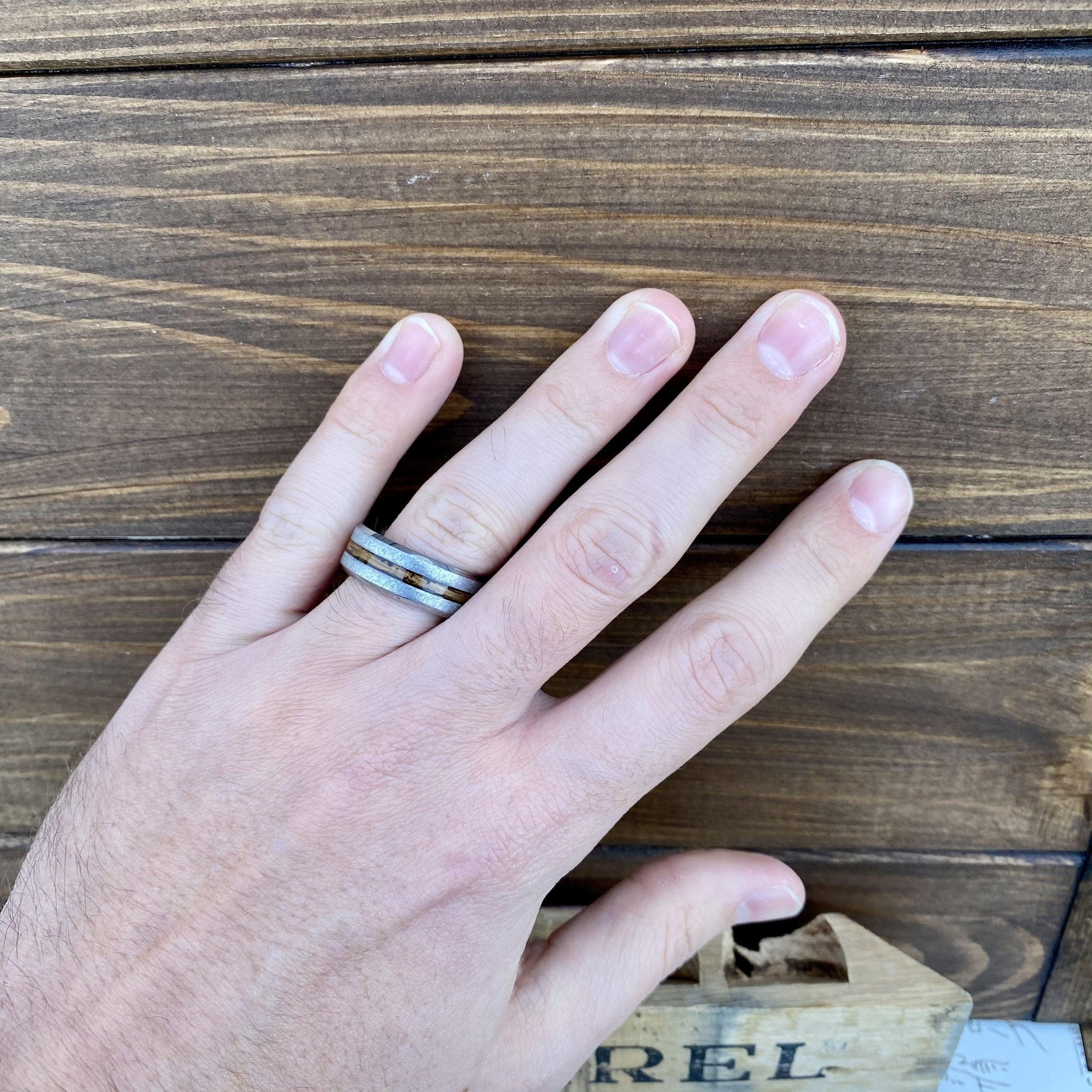 100% USA Made 8mm Rugged Tungsten Beveled Edge Band with Bourbon Barrel Aged Inlay and Grain Finish Barrel Aged