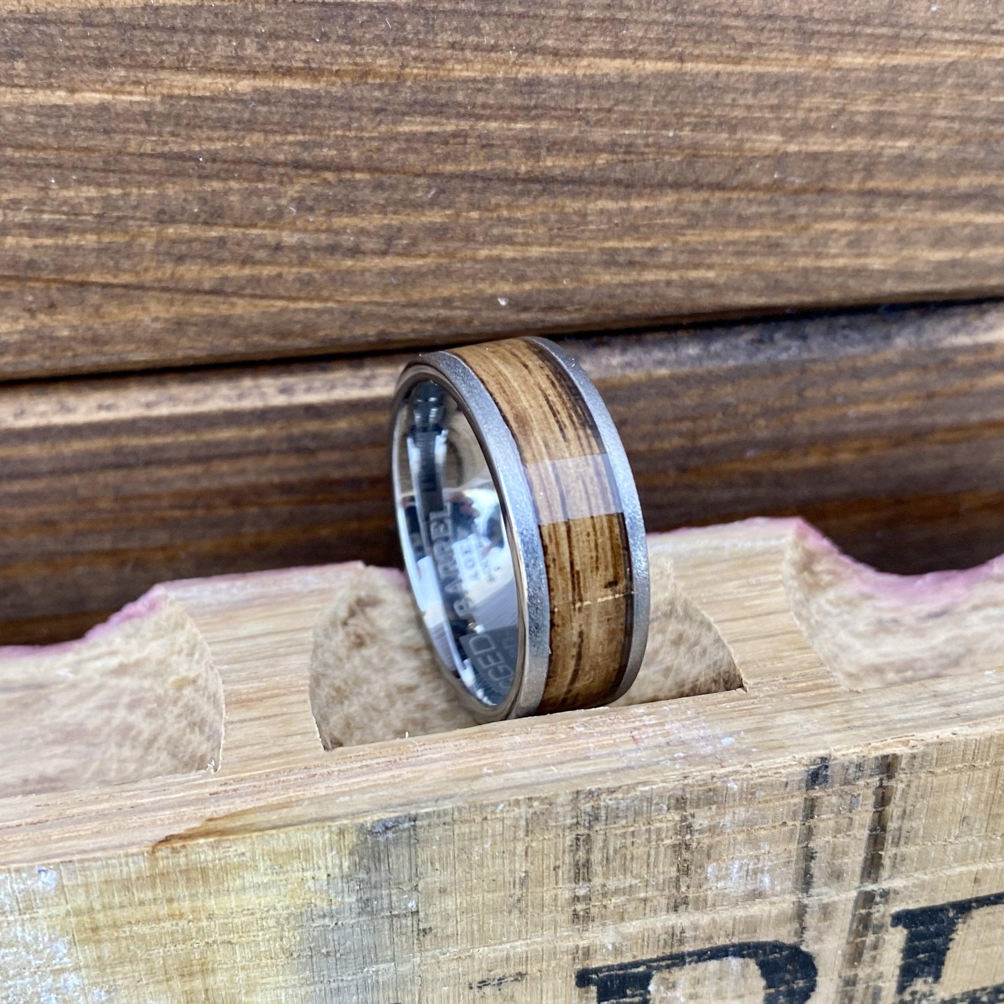 100% USA Made 8mm Rugged Tungsten Flat Band with Bourbon Barrel Aged Inlay and Stone Finish Barrel Aged