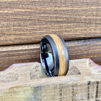 100% USA Made 8mm Black Ceramic Pipe Cut Band with Single Malt Whiskey Barrel Inlay and Stone Finish Barrel Aged