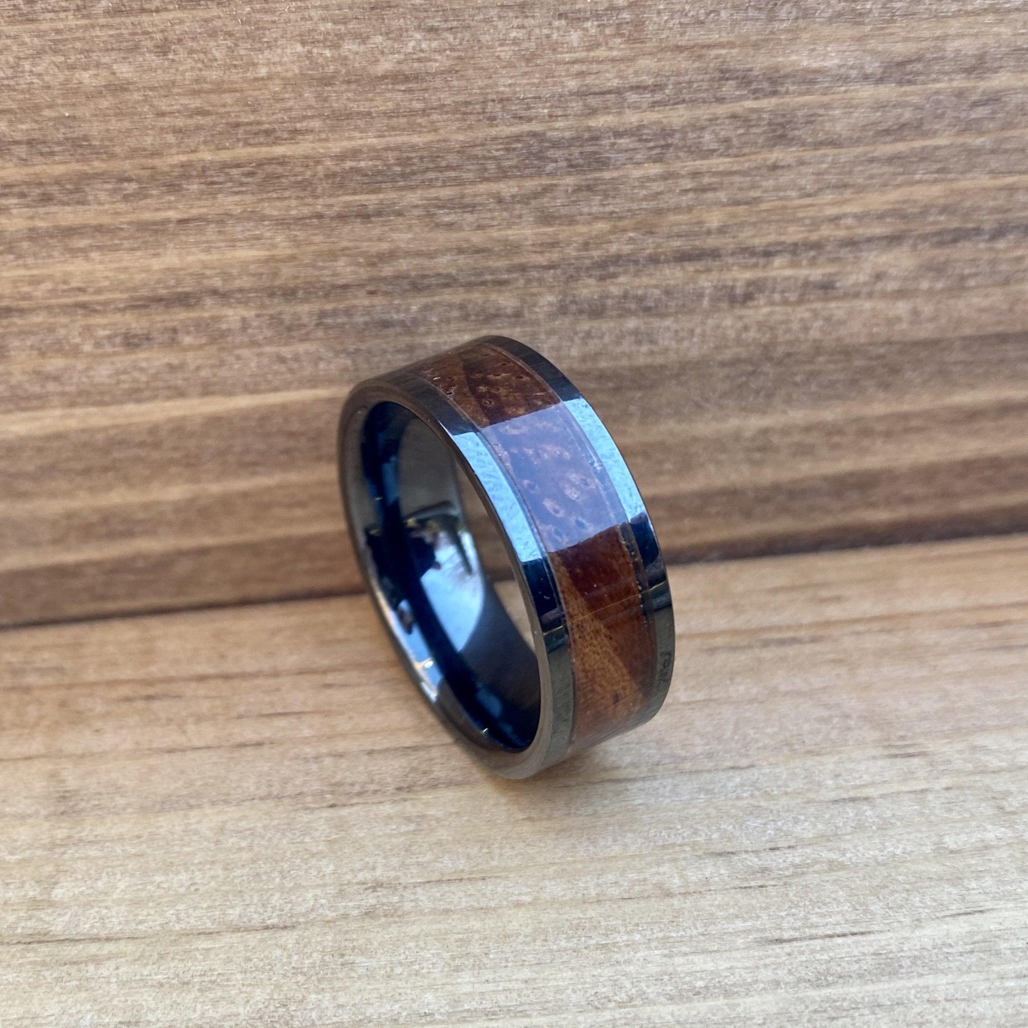 "The Thompson" 100% USA Made Black Ceramic Ring With Wood From A Thompson M1A1 Firearm ALT Wedding Band BW James Jewelers