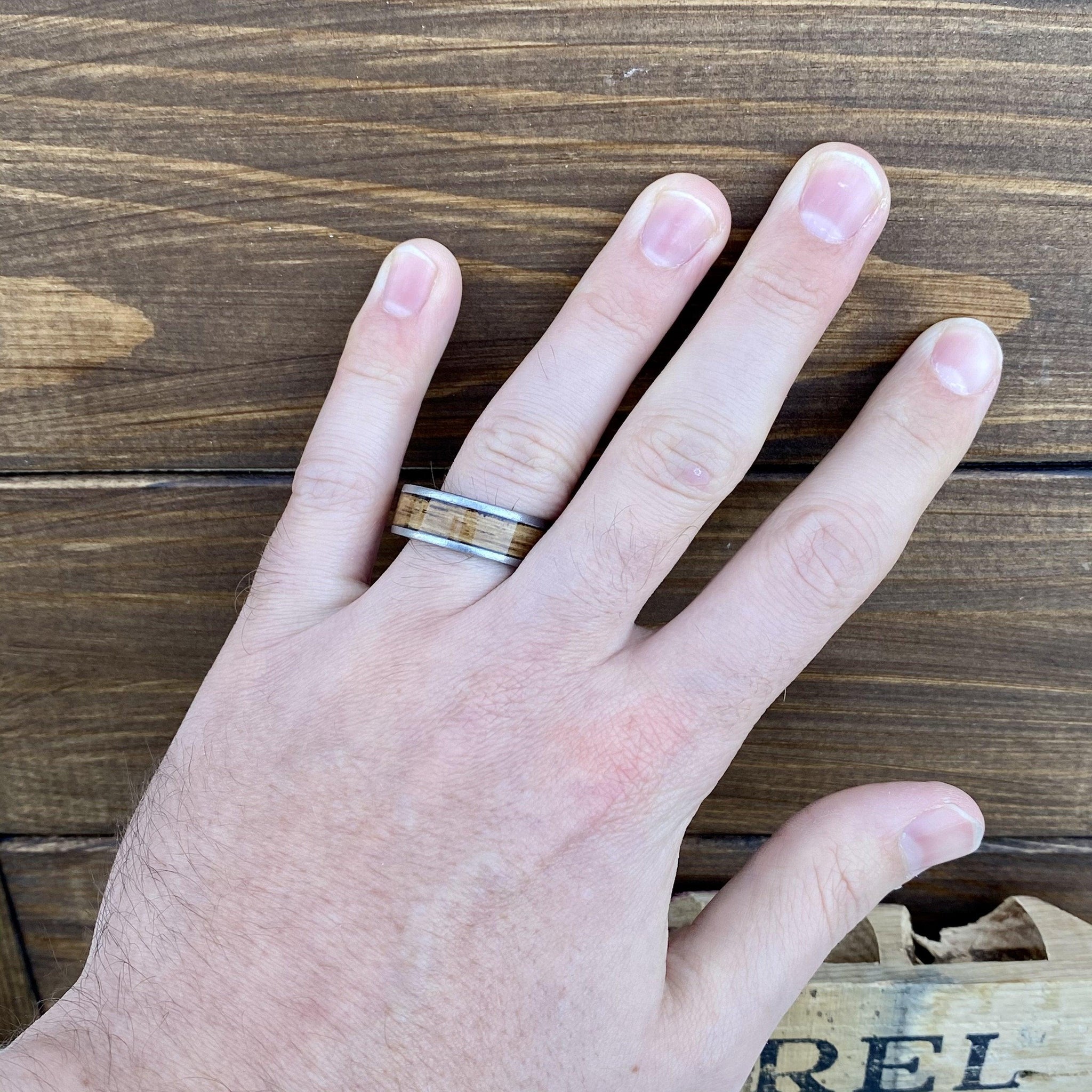 100% USA Made 8mm Rugged Tungsten Flat Band with Bourbon Barrel Aged Inlay and Stone Finish Barrel Aged