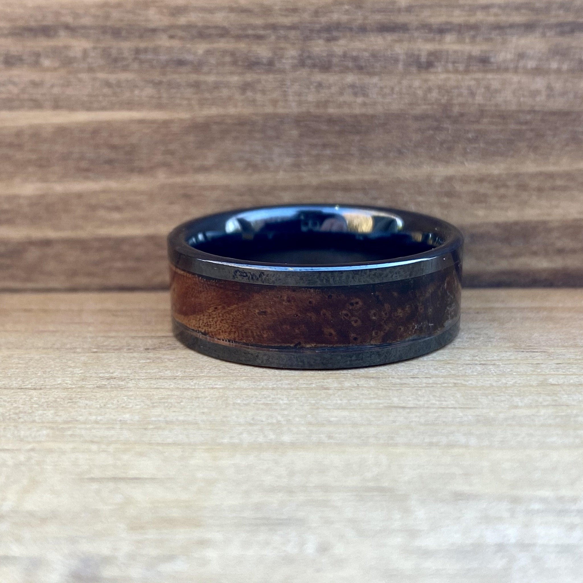 "The Thompson" 100% USA Made Black Ceramic Ring With Wood From A Thompson M1A1 Firearm ALT Wedding Band BW James Jewelers