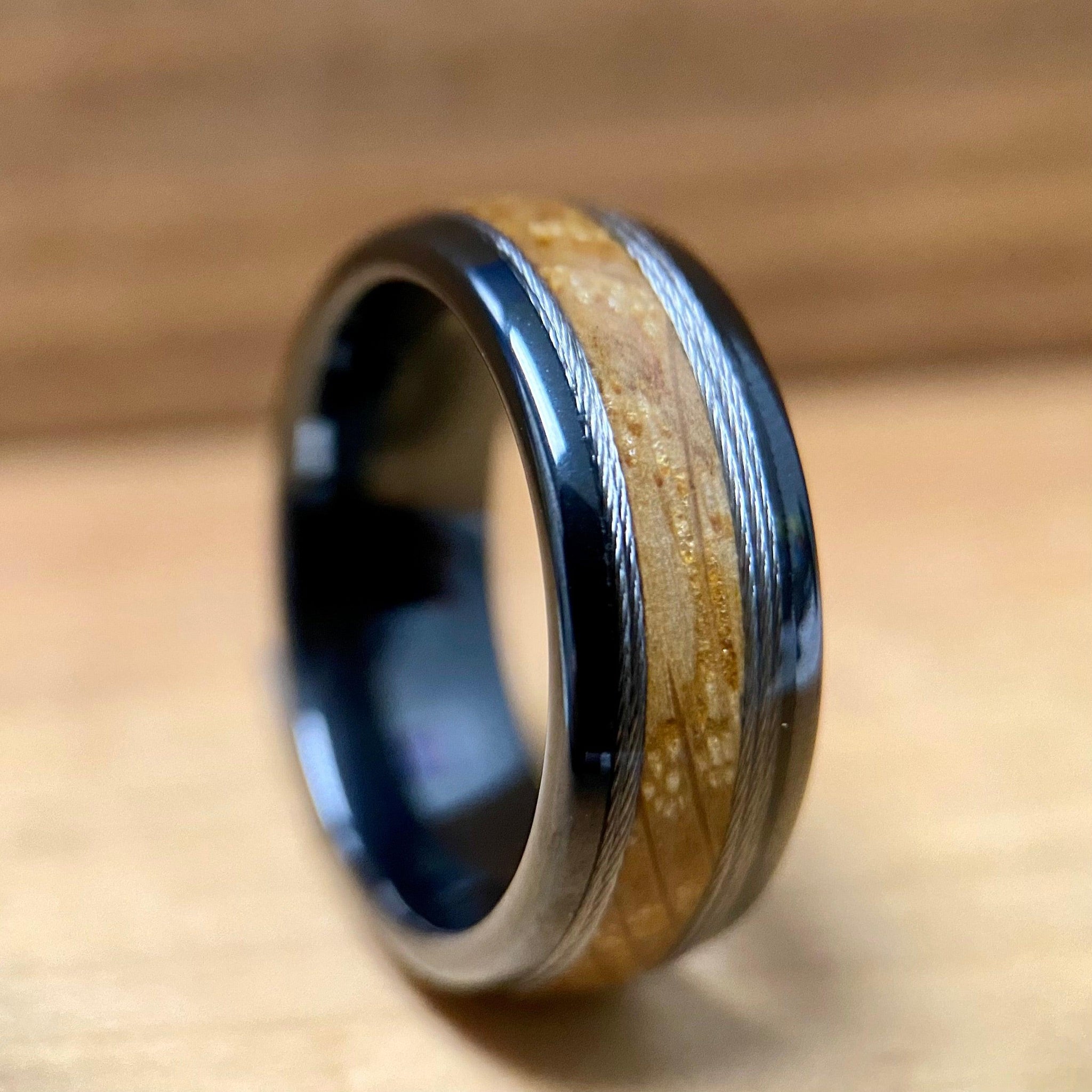 BW James Jewelers ALT Wedding Band 7.5 “The Skipper” ✓Kentucky Bourbon Barrel Ring™✓With Fishing Line ✓Black Ceramic