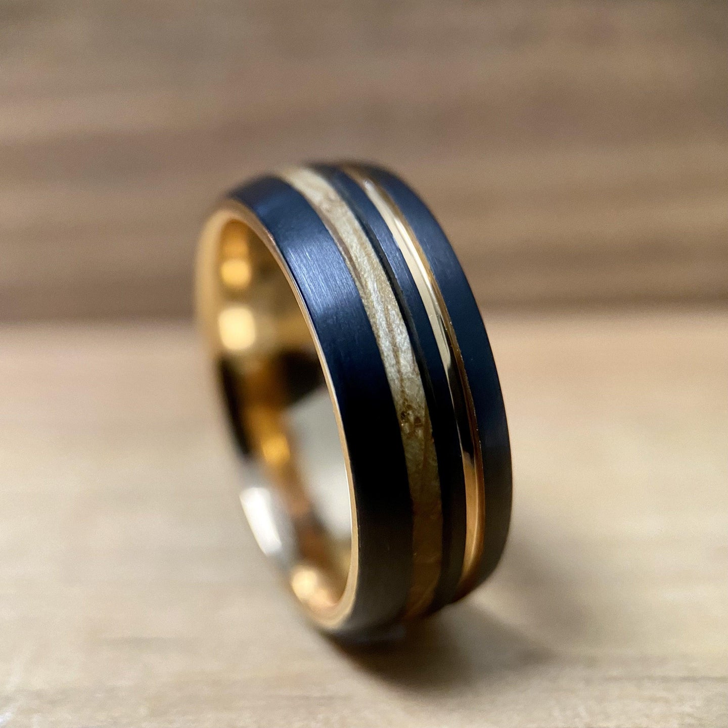 BW James Jewelers ALT Wedding Band "Copper Gentleman" Tungsten Ring With Reclaimed Whiskey Barrel Wood And Rose Gold Color