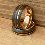 BW James Jewelers ALT Wedding Band Matching Set "Copper Gentleman" “Lady Rose” Tungsten Ring With Reclaimed Whiskey Barrel Wood And Rose Gold Color