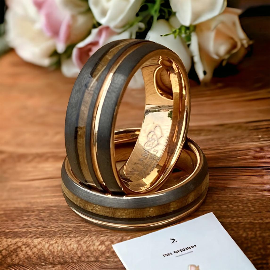 BW James Jewelers ALT Wedding Band Matching Set "Copper Gentleman" “Lady Rose” Tungsten Ring With Reclaimed Whiskey Barrel Wood And Rose Gold Color