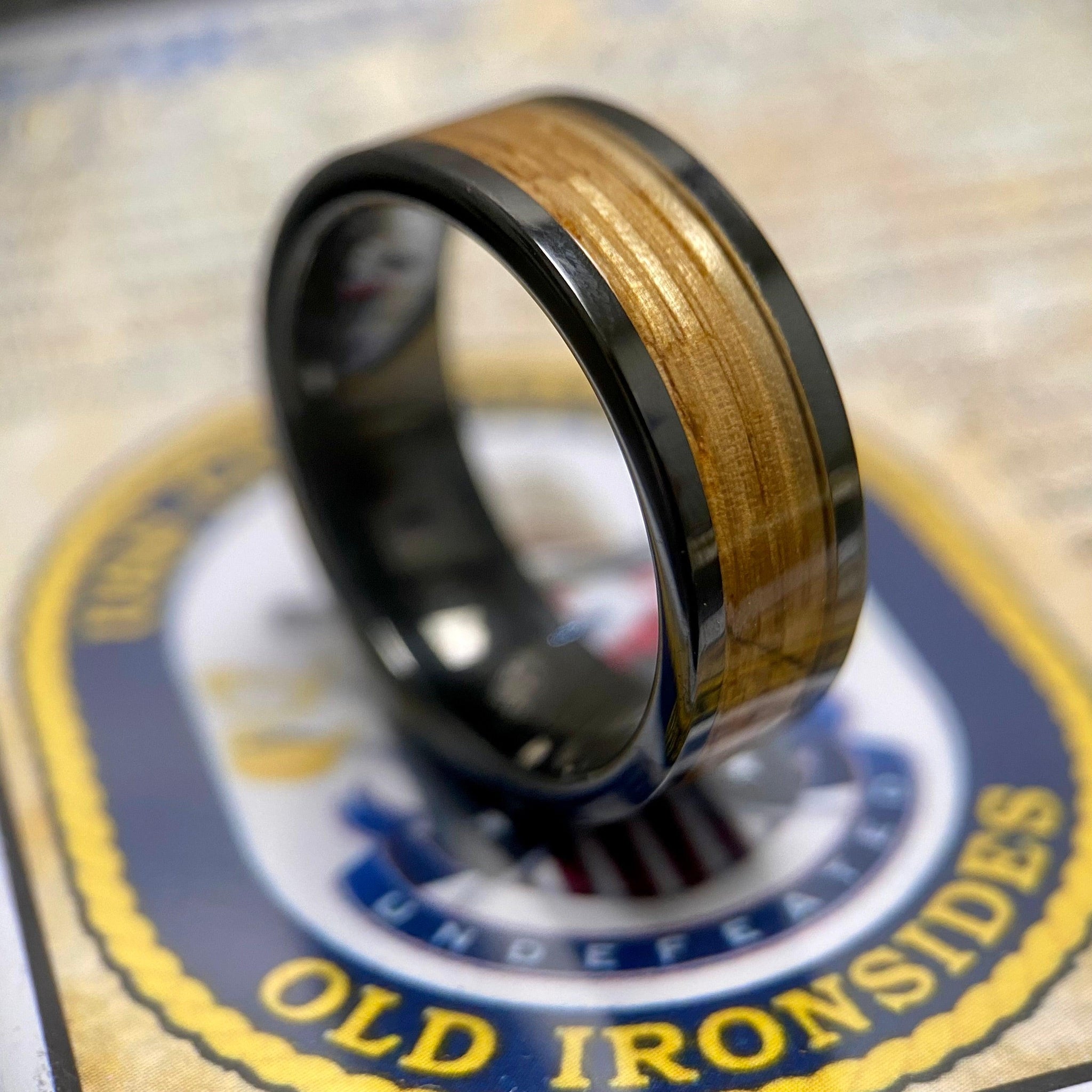 BW James Jewelers ALT Wedding Band “Old Ironsides" 100% USA Made Black Ceramic Ring With Wood From USS Constitution Ship