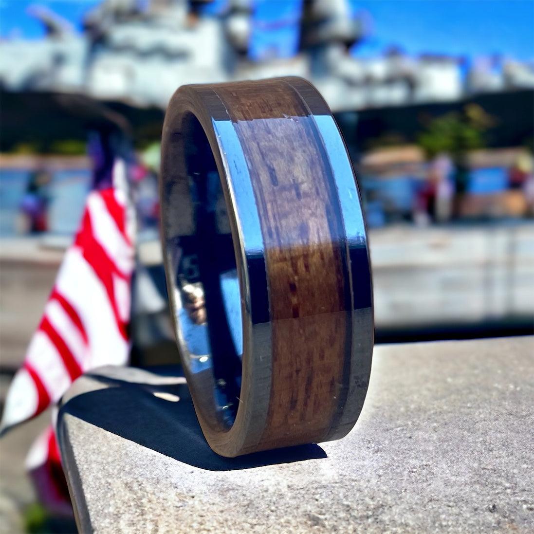 BW James Jewelers ALT Wedding Band "The Battleship" 100% USA Made Black Ceramic Ring With Wood From The USS California