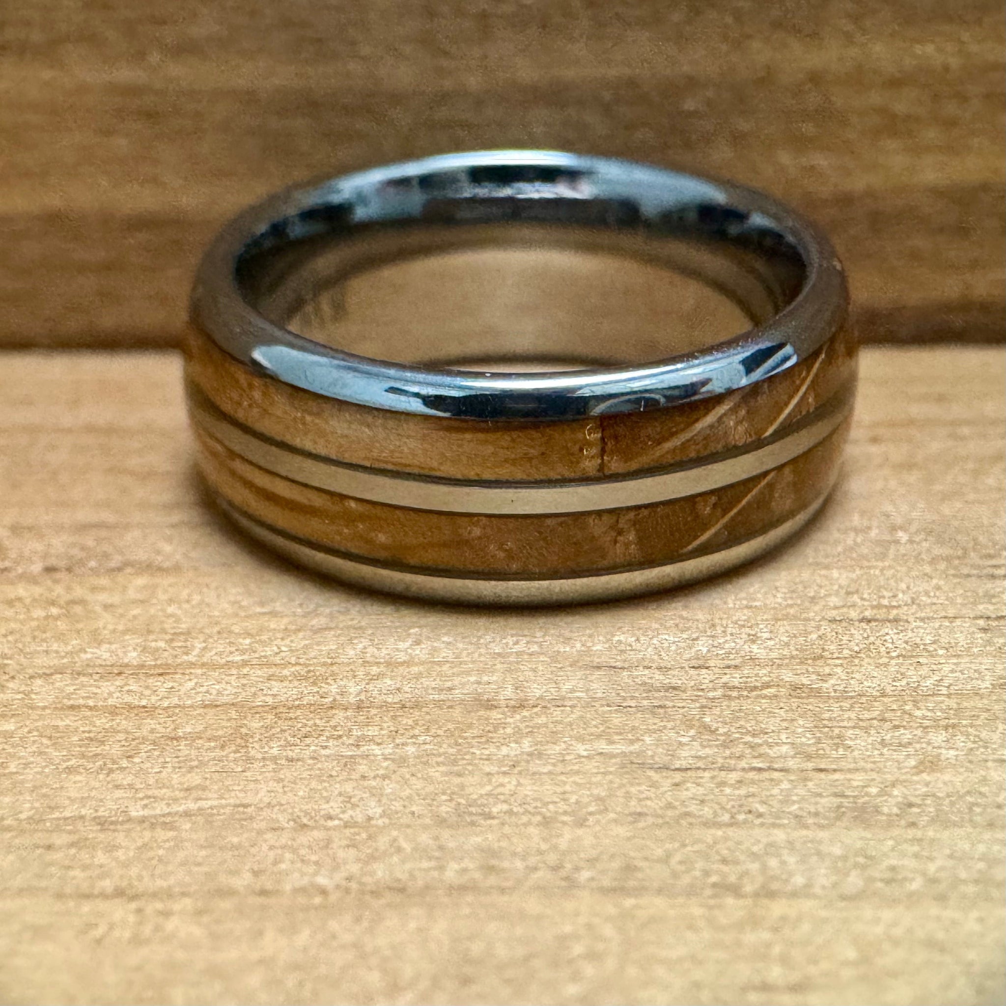 BW James Jewelers ALT Wedding Band “The Bootlegger” Tungsten Ring With Reclaimed Bourbon Whiskey Barrel Wood