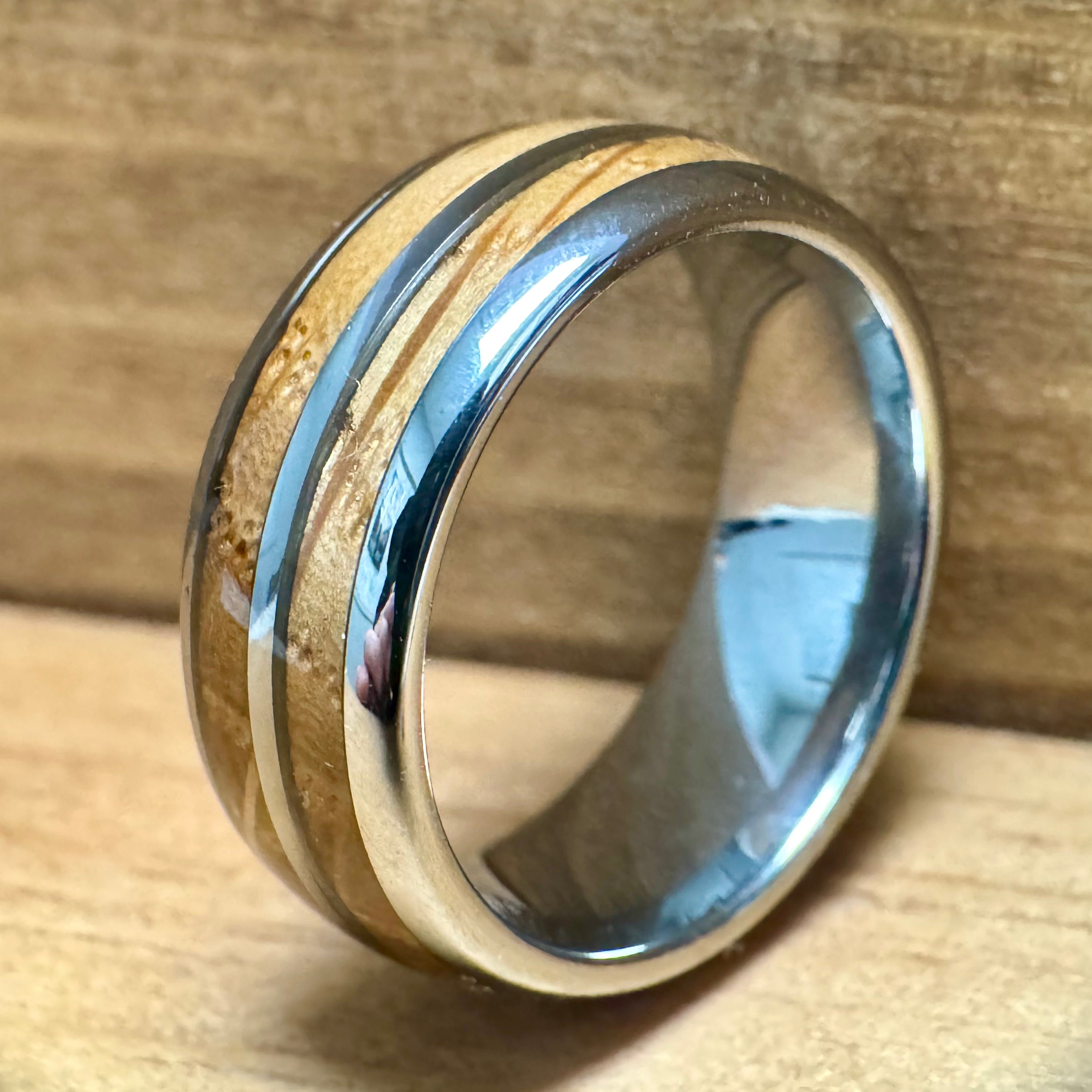 BW James Jewelers ALT Wedding Band “The Bootlegger” Tungsten Ring With Reclaimed Bourbon Whiskey Barrel Wood