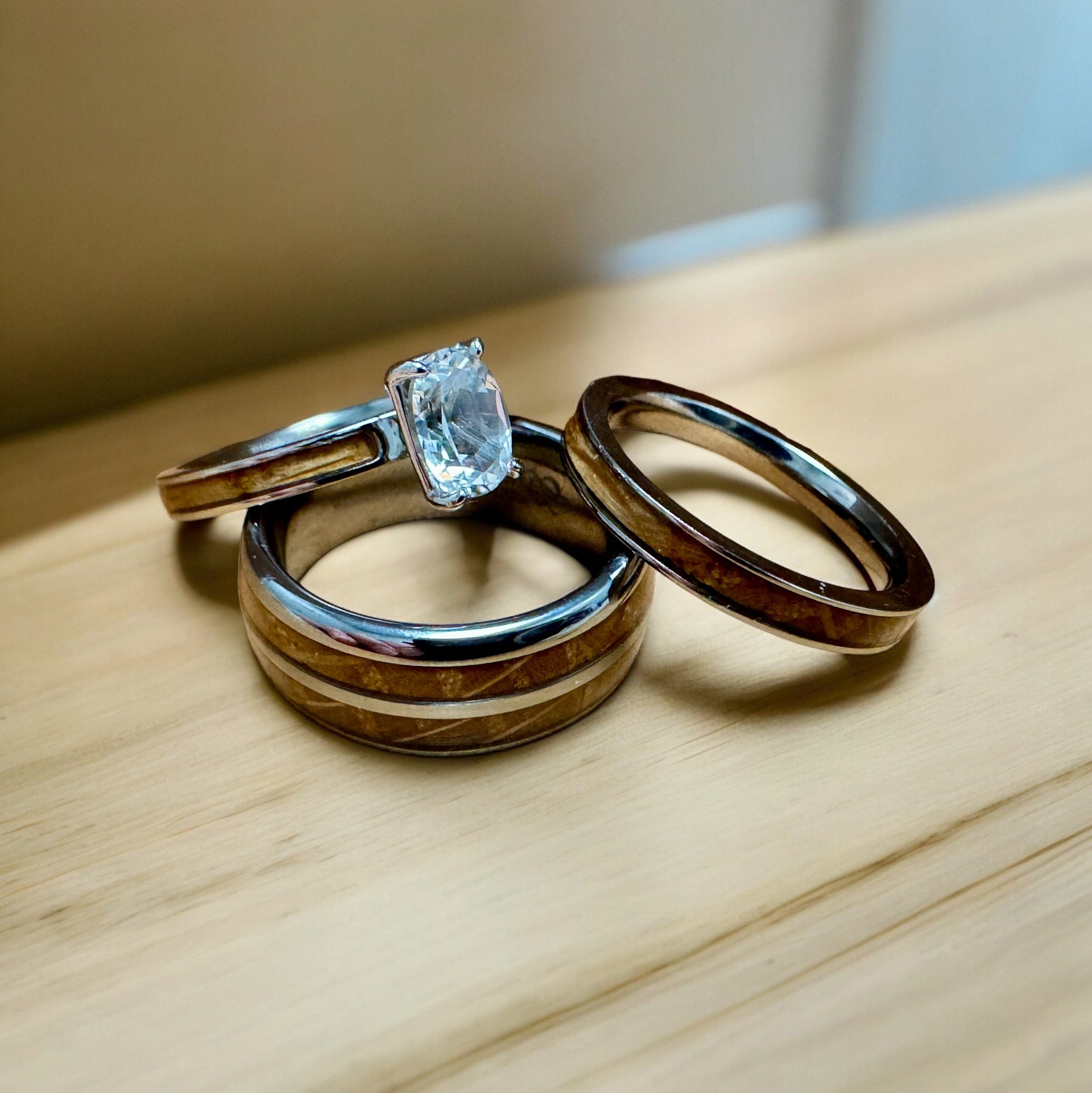 The Bourbon Trio Bridal Set” Reclaimed Bourbon Barrel Ring™ In