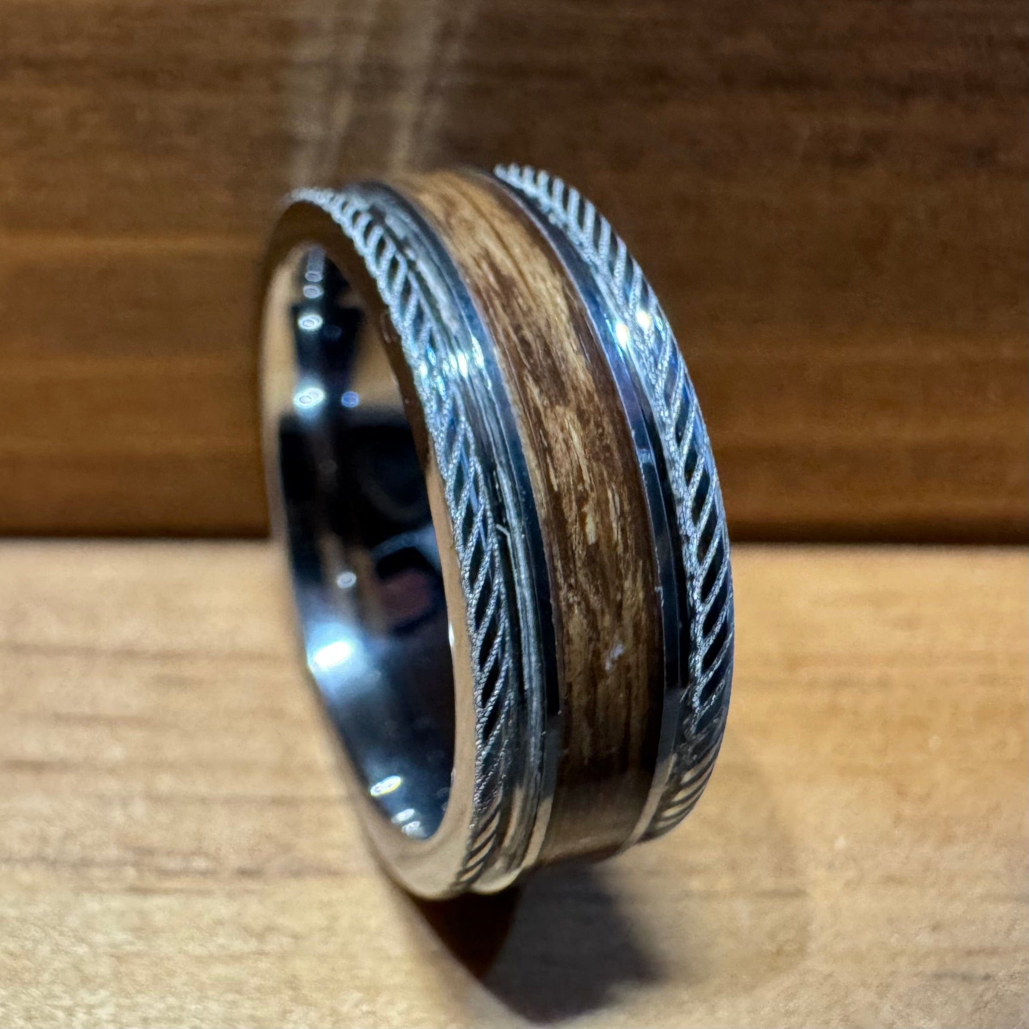 BW James Jewelers ALT Wedding Band “The Buffalo Soldier” 100% USA Made Serinium® Metal With Wood From A Kentucky Bourbon Barrel