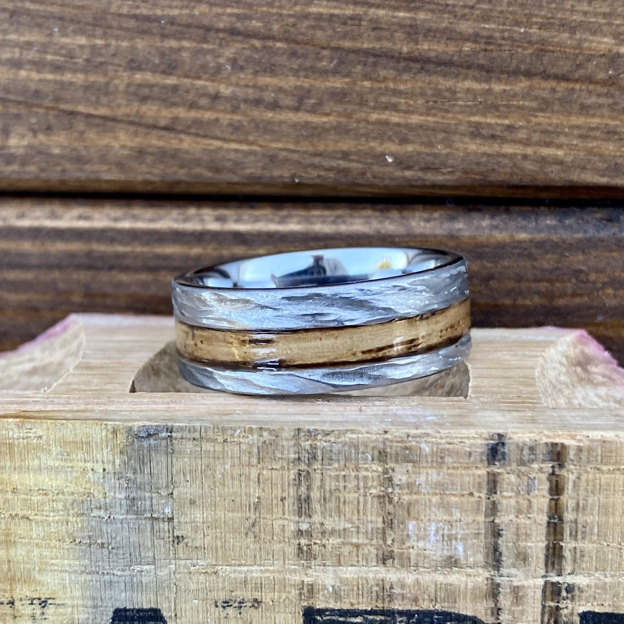 BW James Jewelers ALT Wedding Band " The Cowboy" 100% USA Made Build Your Own Ring Rugged Tungsten Flat Band with Off-Center Inlay and Bark Finish