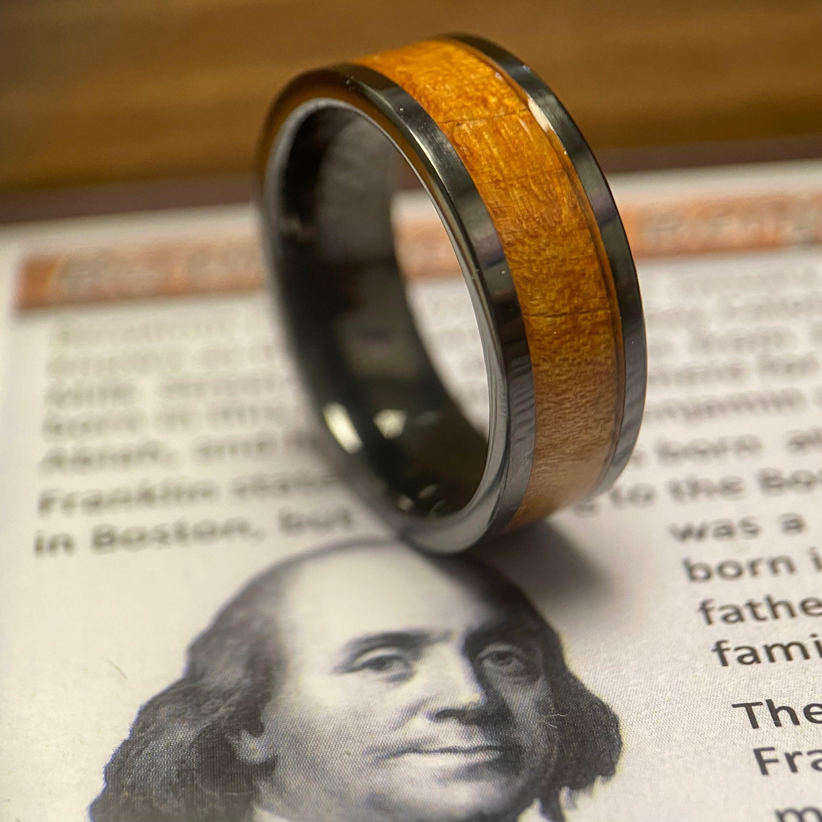 BW James Jewelers ALT Wedding Band "The Franklin"100% USA Made Black Ceramic Ring With Wood From Ben Franklins Home