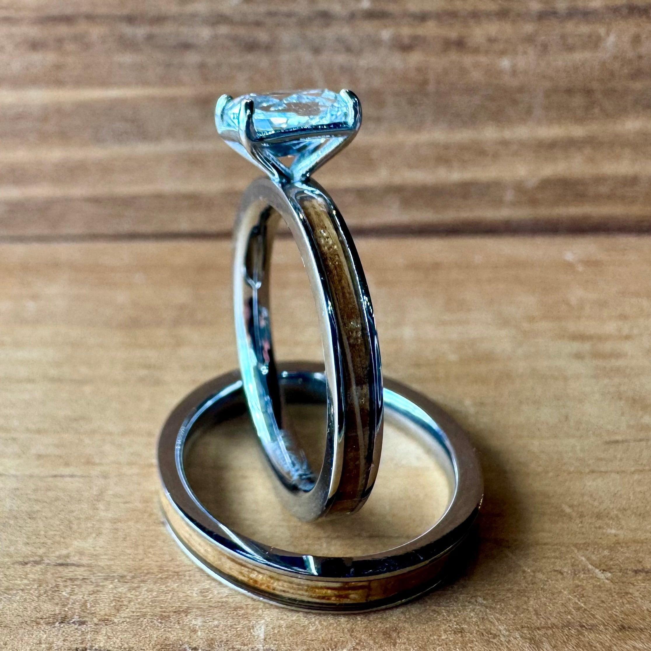BW James Jewelers ALT Wedding Band “The Lady Bourbon Bridal Set” Reclaimed Bourbon Barrel Ring™ In Brilliant White Titanium With Oval Cut GenuineWhite Topaz