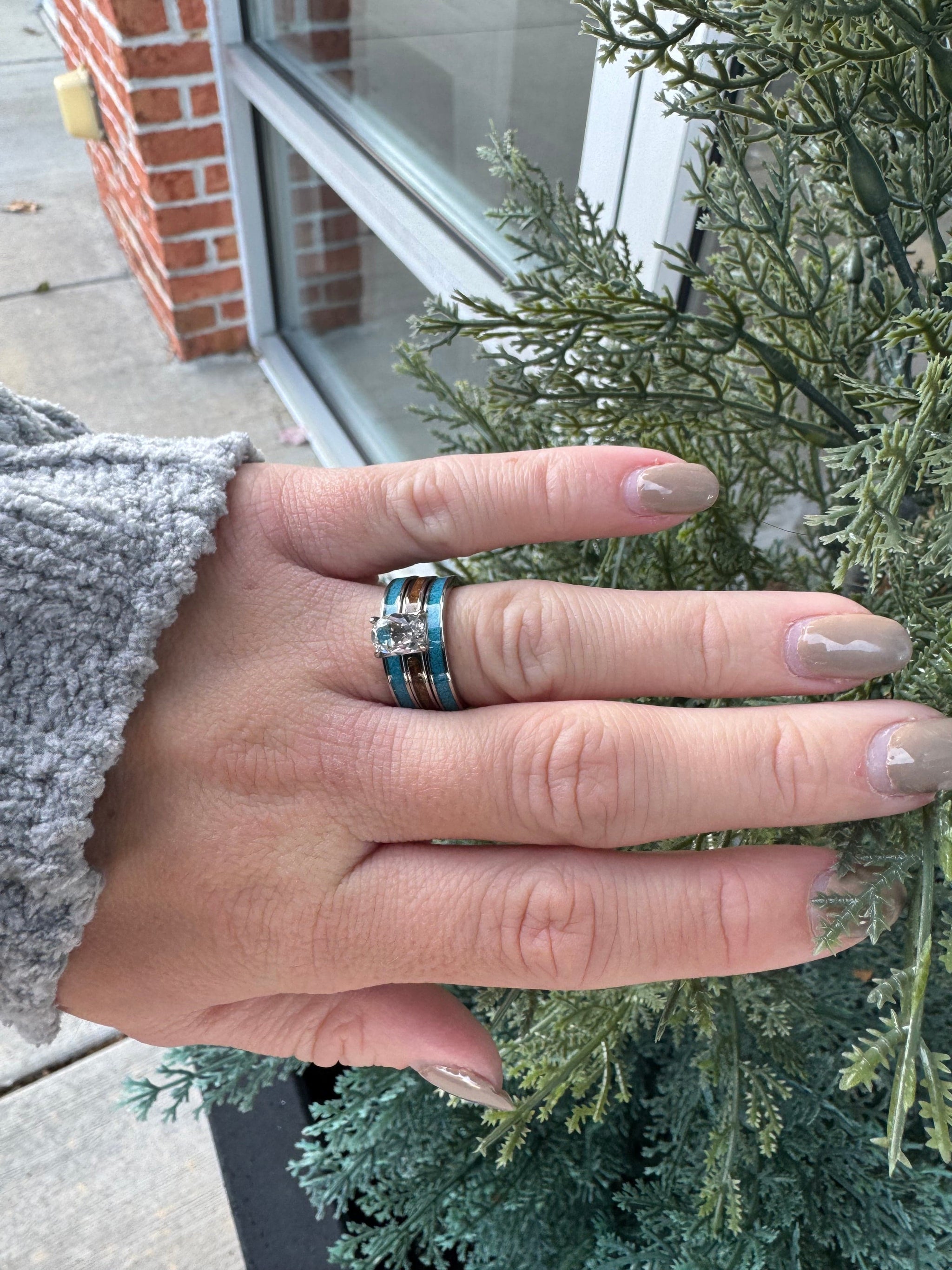 BW James Jewelers ALT Wedding Band The Lady Cheyenne Bridal Set” Reclaimed Bourbon Barrel Ring™ In Brilliant White Titanium With Oval Cut Genuine Topaz and Turquoise