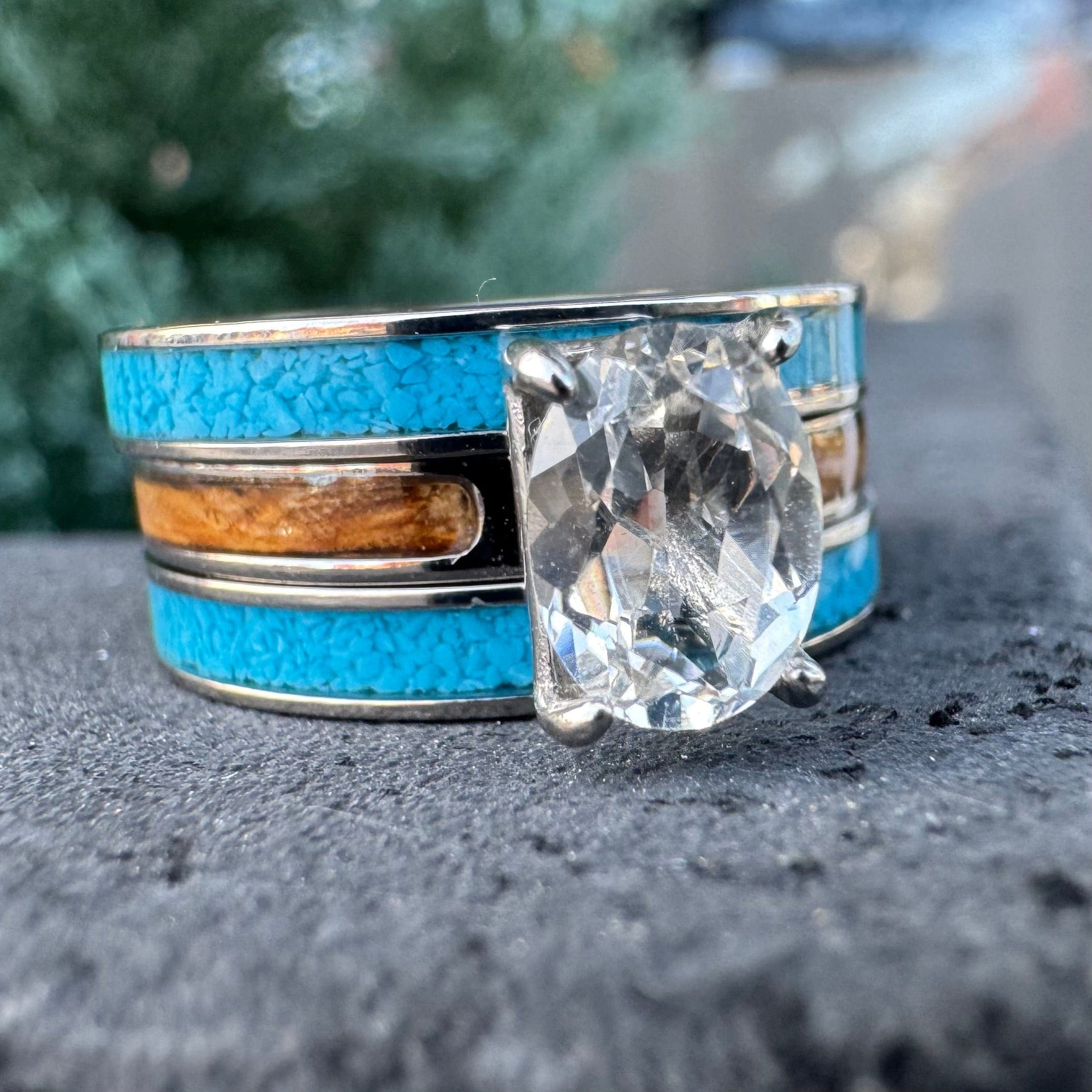 BW James Jewelers ALT Wedding Band The Lady Cheyenne Bridal Set” Reclaimed Bourbon Barrel Ring™ In Brilliant White Titanium With Oval Cut Genuine Topaz and Turquoise