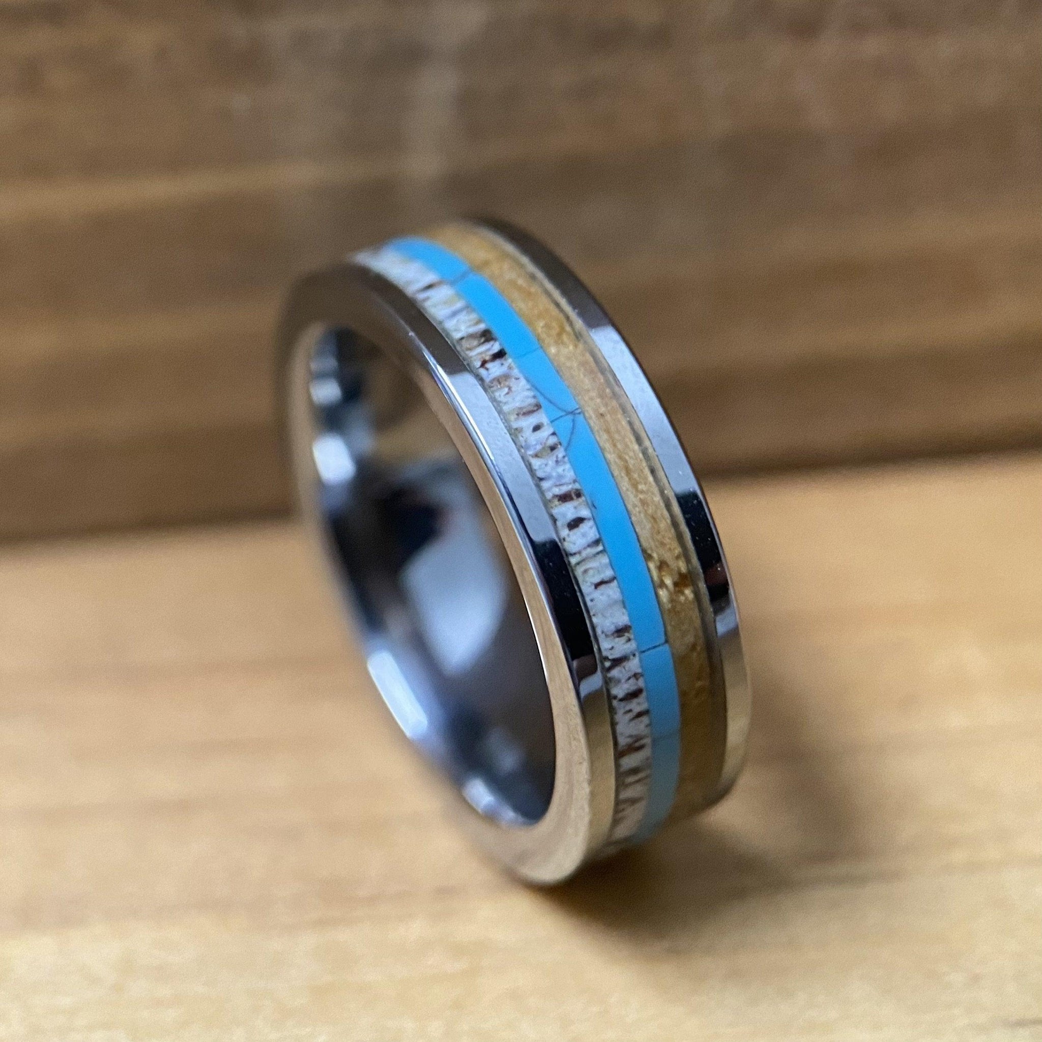 BW James Jewelers ALT Wedding Band “The Lady Westerner” 6mm Tungsten Ring With Reclaimed Bourbon Barrel, Antler and Turquoise