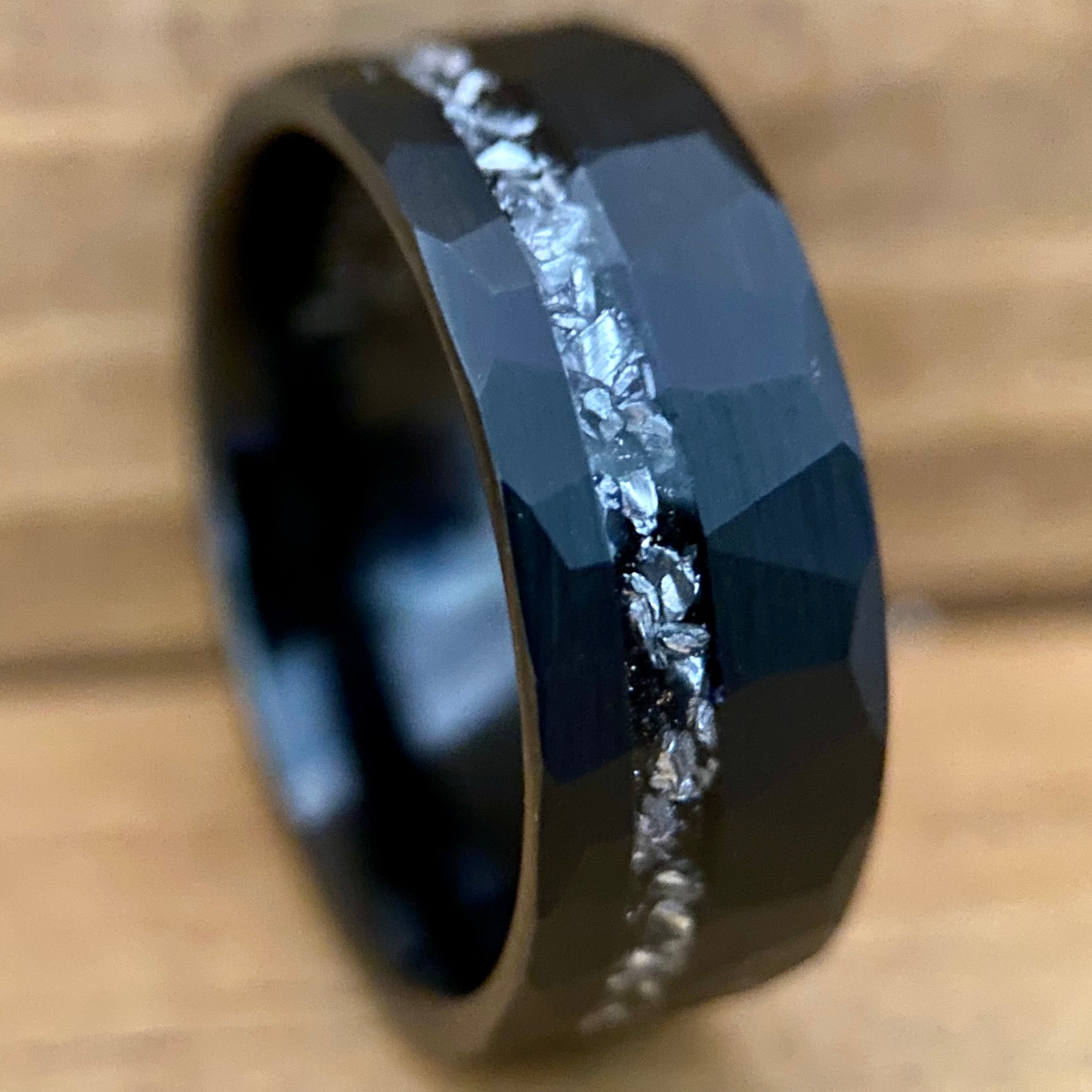 BW James Jewelers ALT Wedding Band “The Moon Lander” 8mm Black Tungsten Ring With Gibeon Meteorite