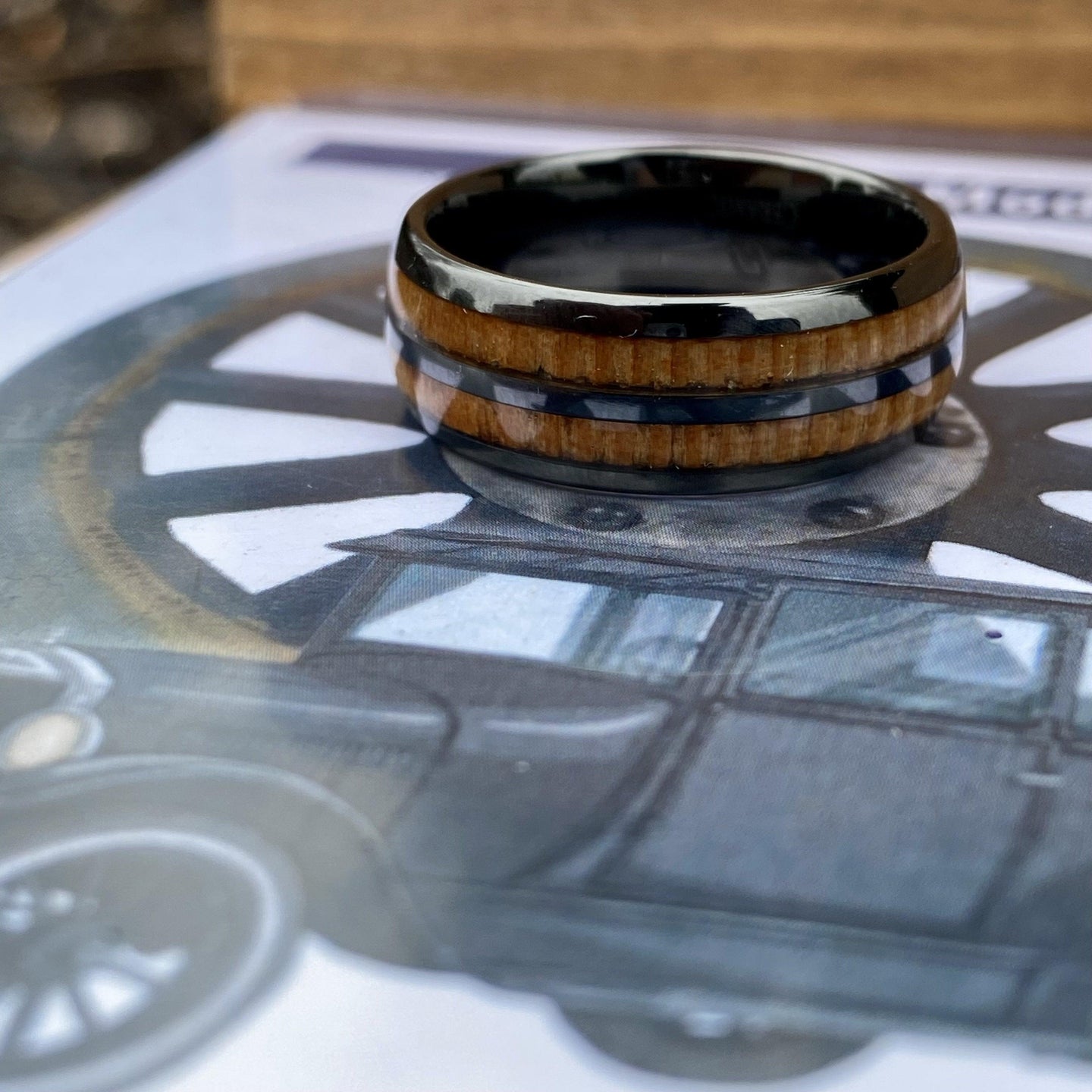 BW James Jewelers ALT Wedding Band “The Motorist” 100% USA Made Black Ceramic Ring With Wood from A Model T Wheel Spoke