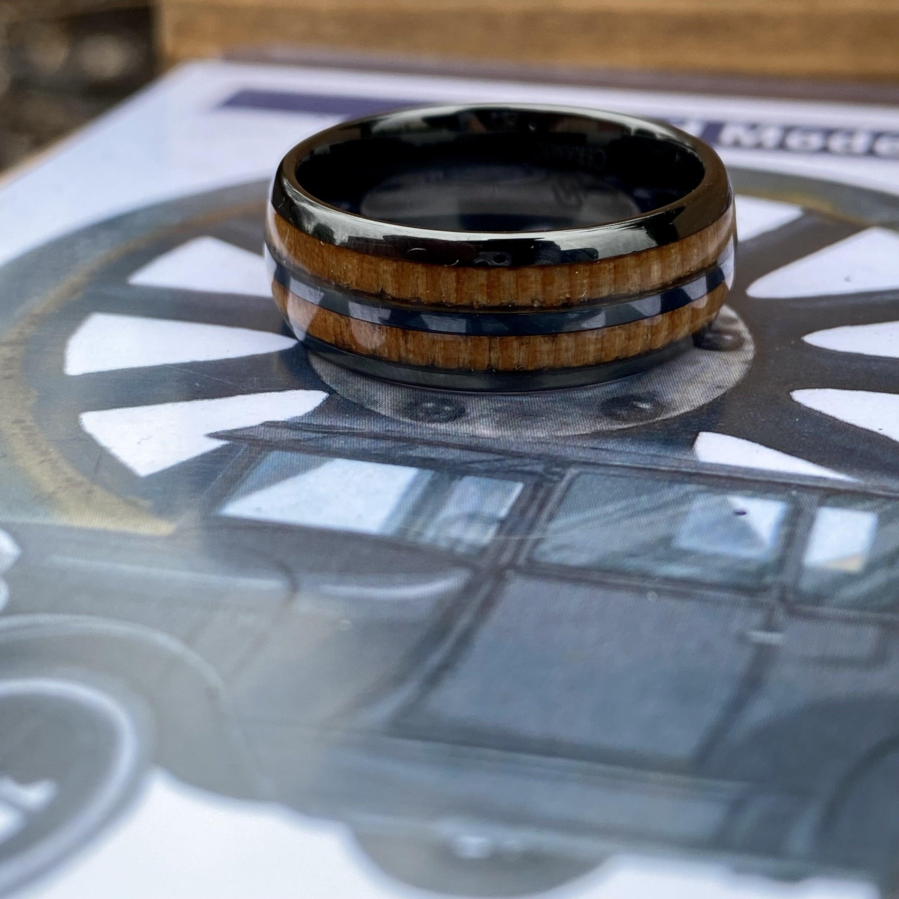 BW James Jewelers ALT Wedding Band “The Motorist” 100% USA Made Black Ceramic Ring With Wood from A Model T Wheel Spoke